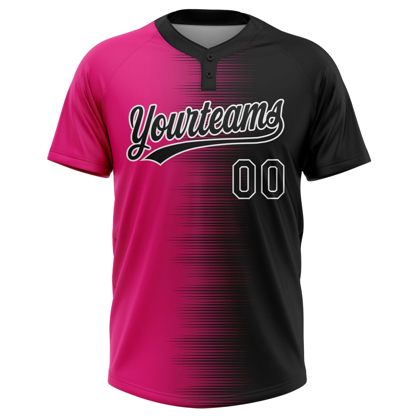 Custom Black Hot Pink-White Gradient Horizontal Stripe Two-Button Unisex Softball Jersey view 2