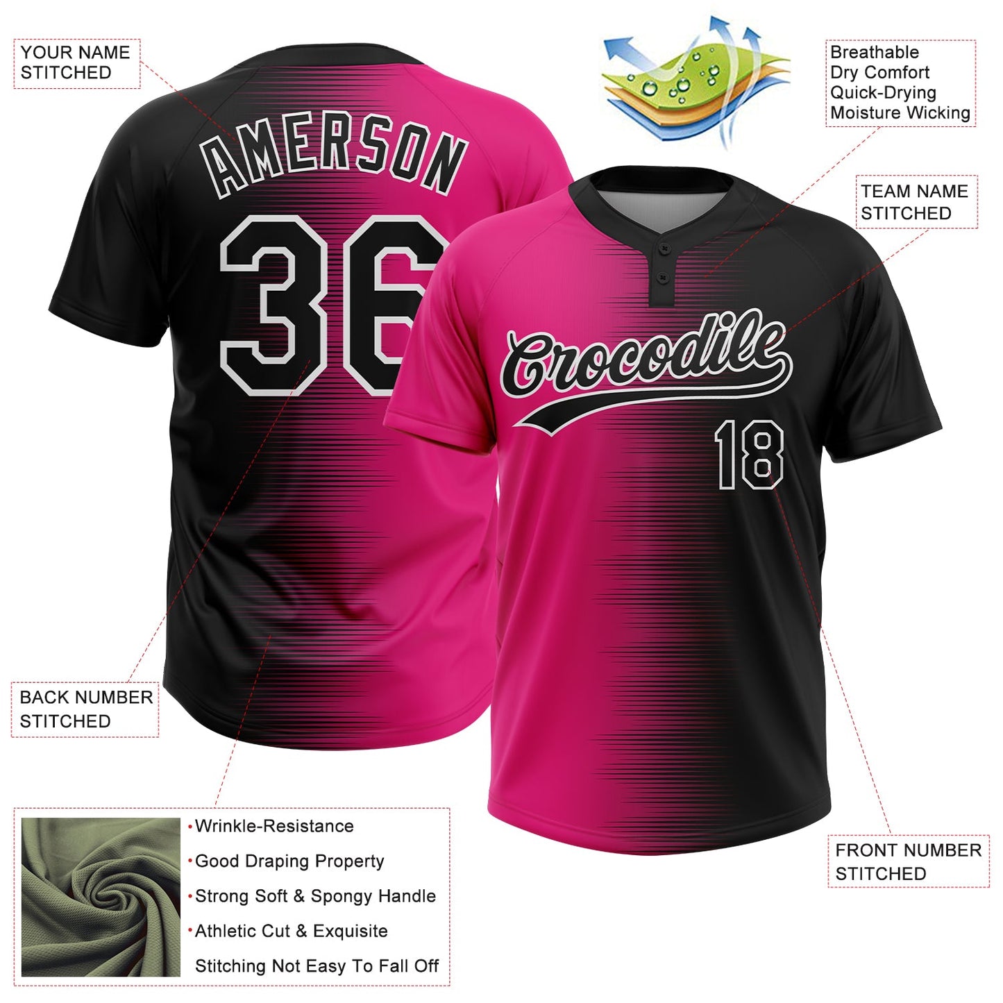 Custom Black Hot Pink-White Gradient Horizontal Stripe Two-Button Unisex Softball Jersey view 3