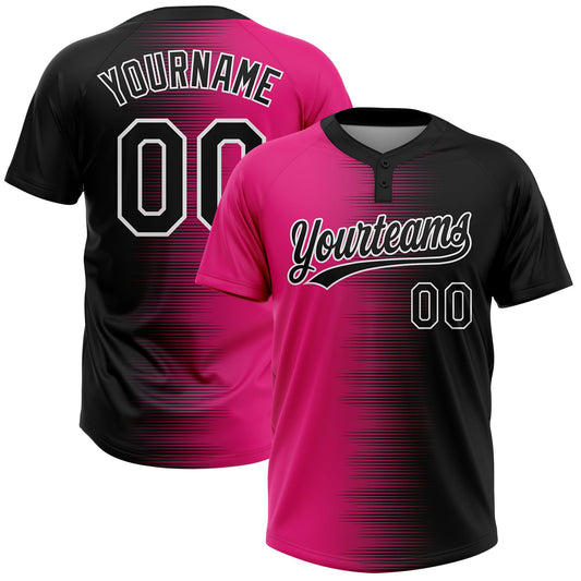 Custom Black Hot Pink-White Gradient Horizontal Stripe Two-Button Unisex Softball Jersey - Main View