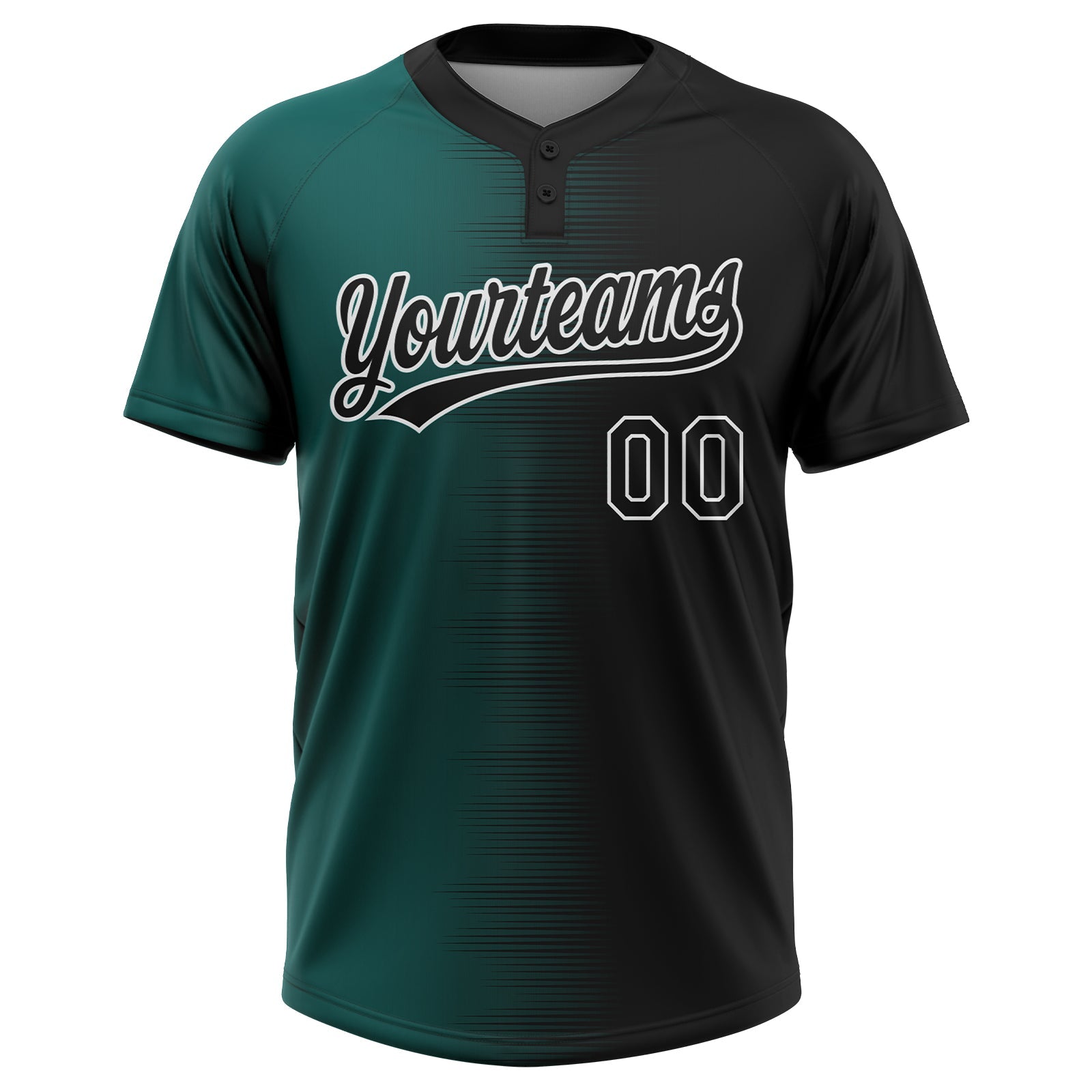 Custom Black Midnight Green-White Gradient Horizontal Stripe Two-Button Unisex Softball Jersey view 2