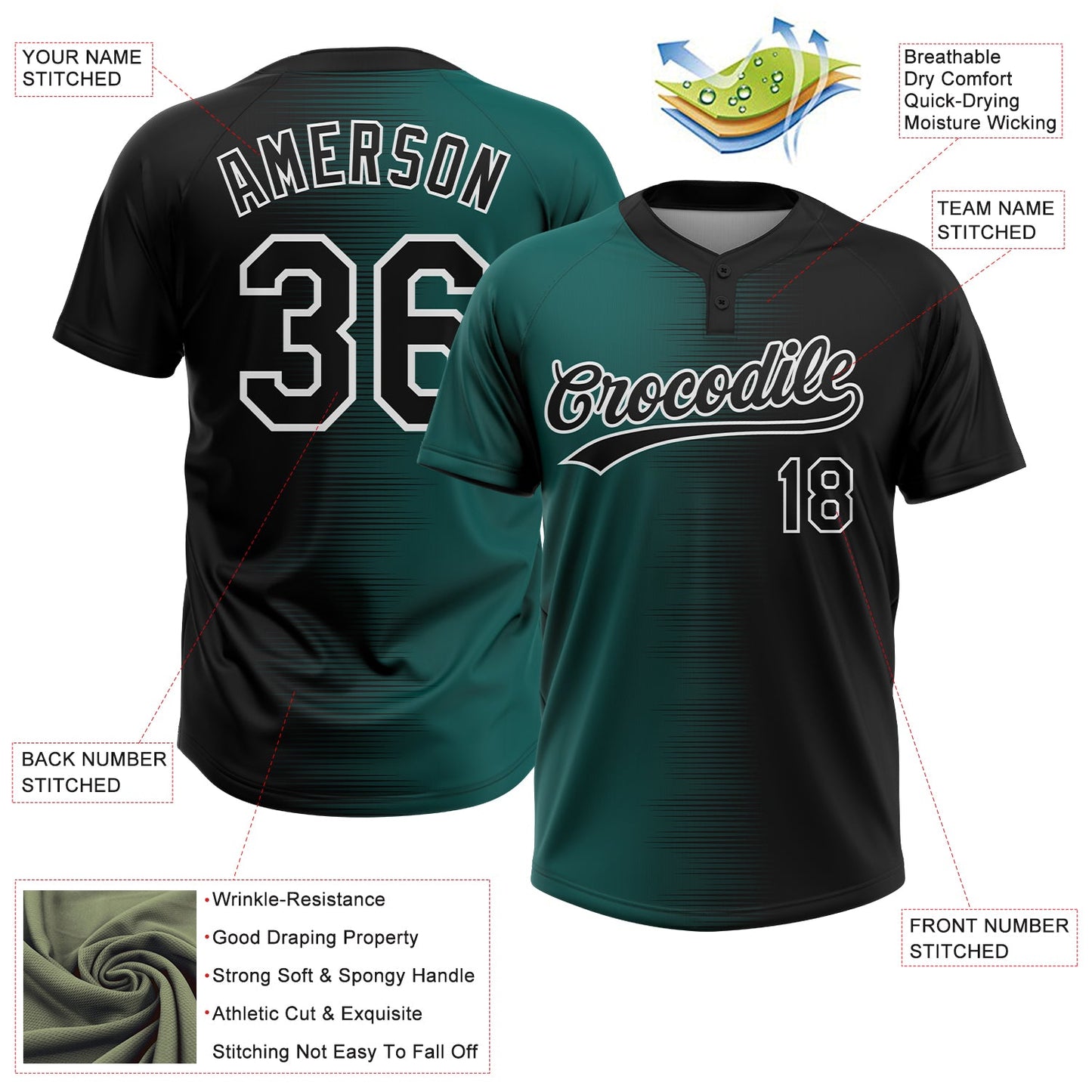 Custom Black Midnight Green-White Gradient Horizontal Stripe Two-Button Unisex Softball Jersey view 3