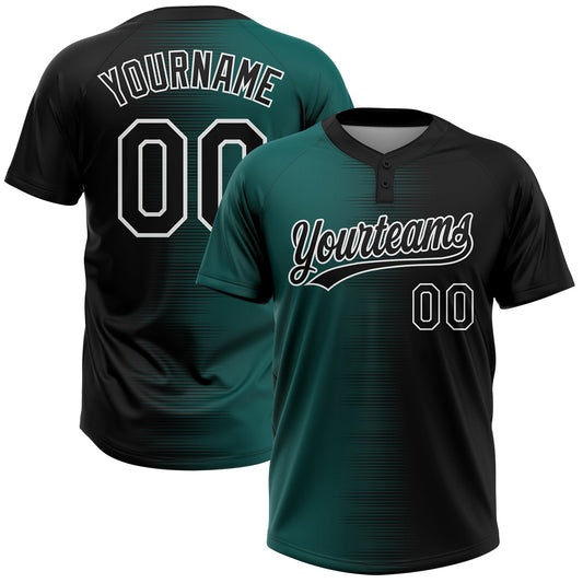 Custom Black Midnight Green-White Gradient Horizontal Stripe Two-Button Unisex Softball Jersey - Main View