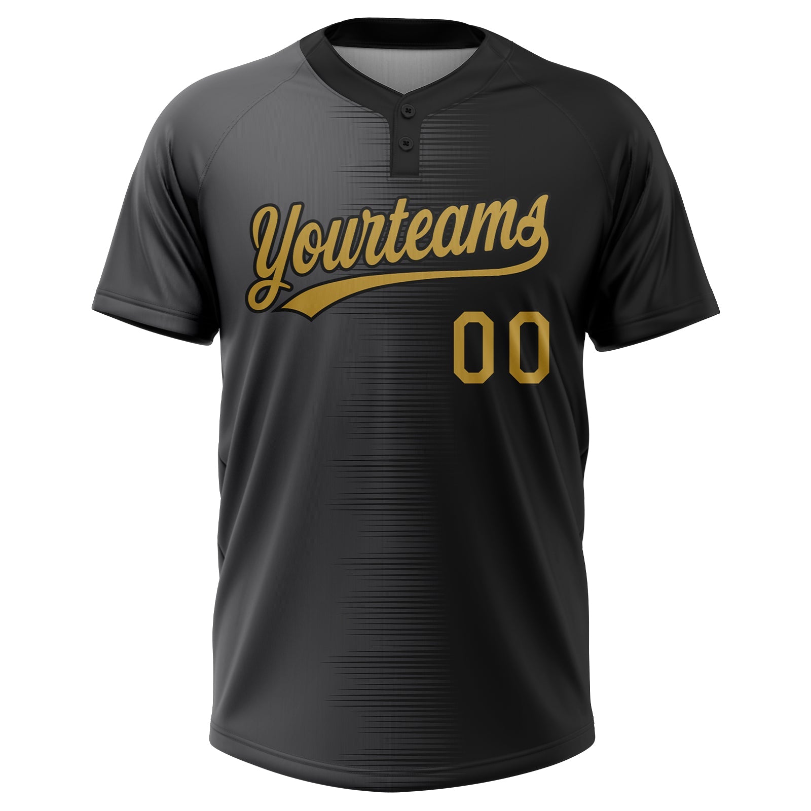 Custom Black Old Gold-Gray Gradient Horizontal Stripe Two-Button Unisex Softball Jersey view 2