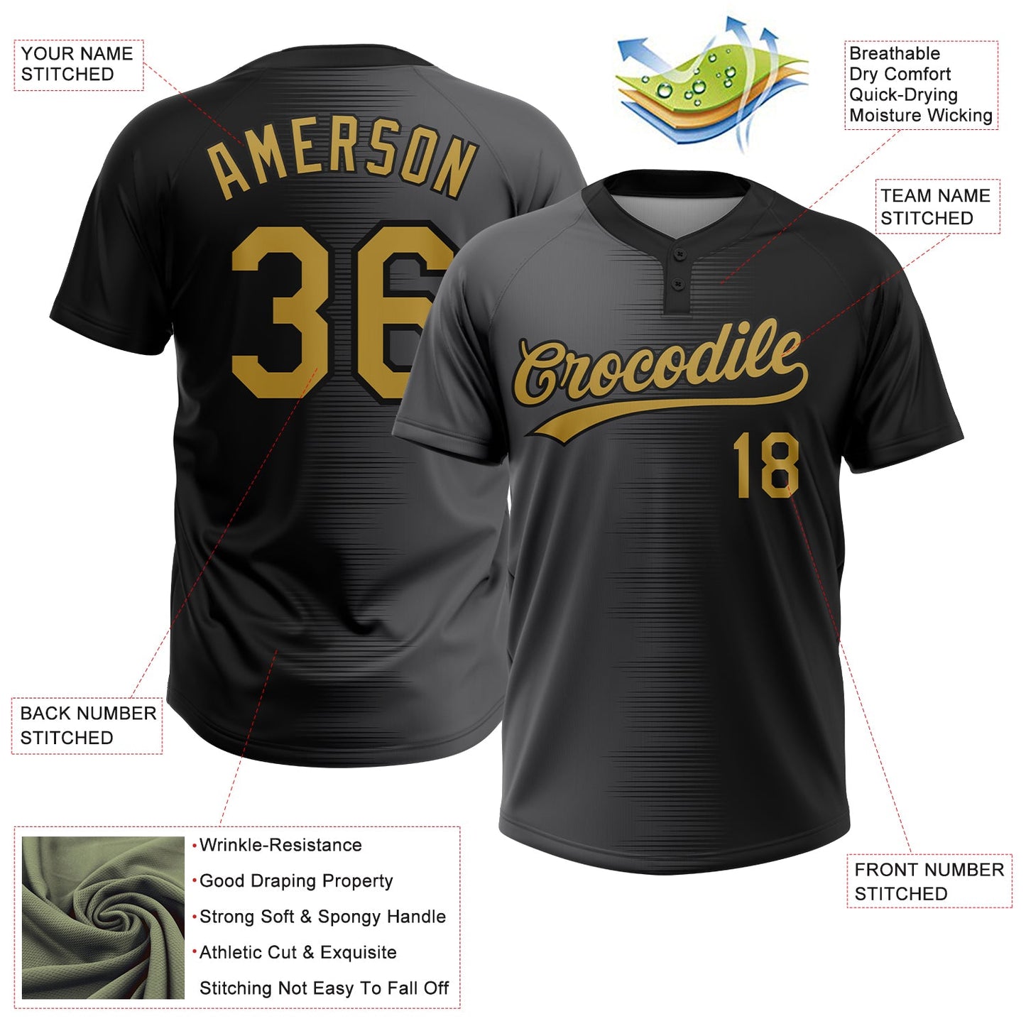 Custom Black Old Gold-Gray Gradient Horizontal Stripe Two-Button Unisex Softball Jersey view 3