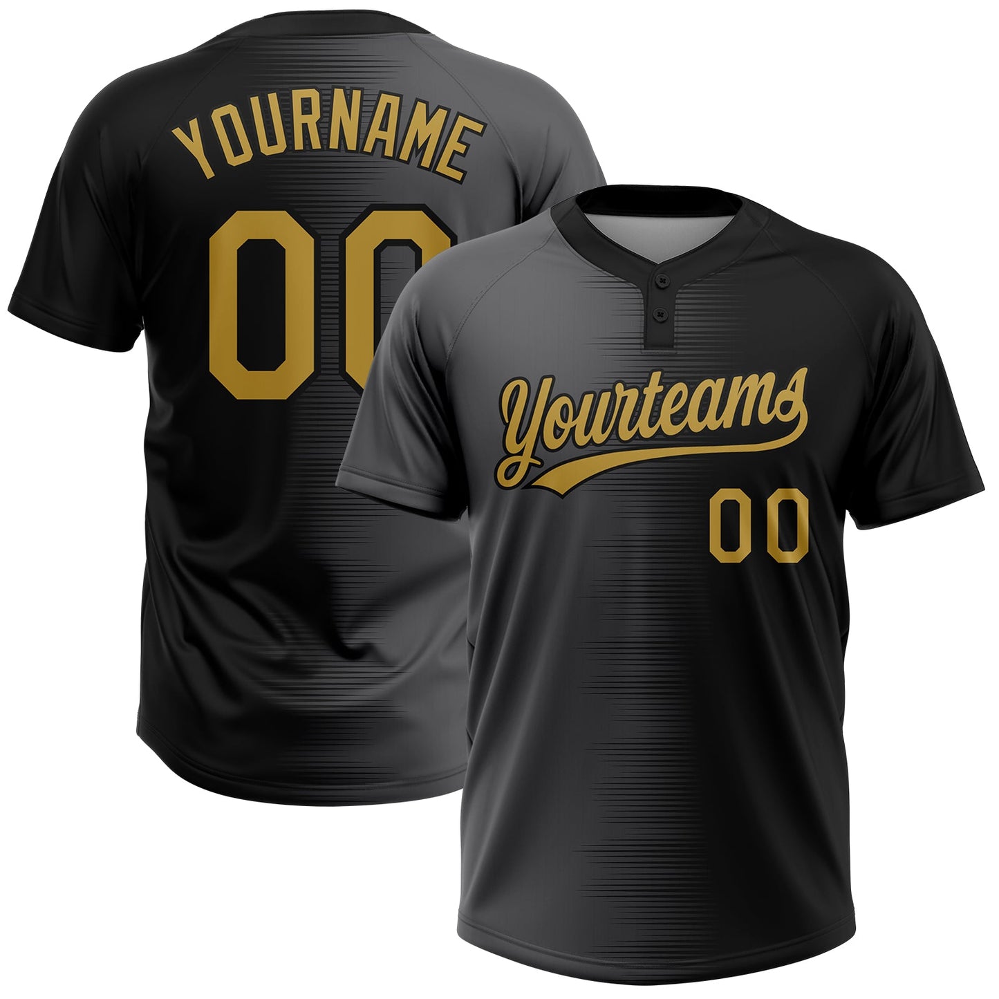 Custom Black Old Gold-Gray Gradient Horizontal Stripe Two-Button Unisex Softball Jersey - Main View