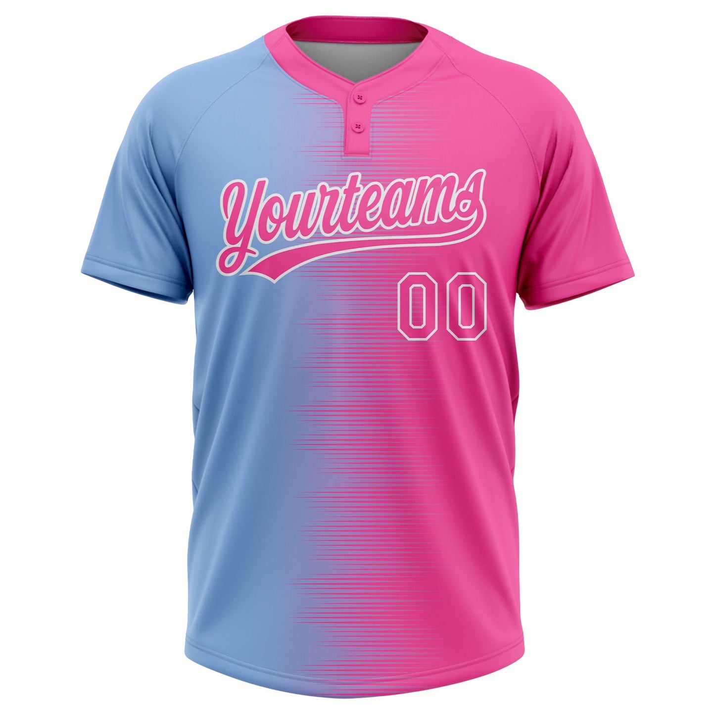 Custom Pink Light Blue-White Gradient Horizontal Stripe Two-Button Unisex Softball Jersey view 2