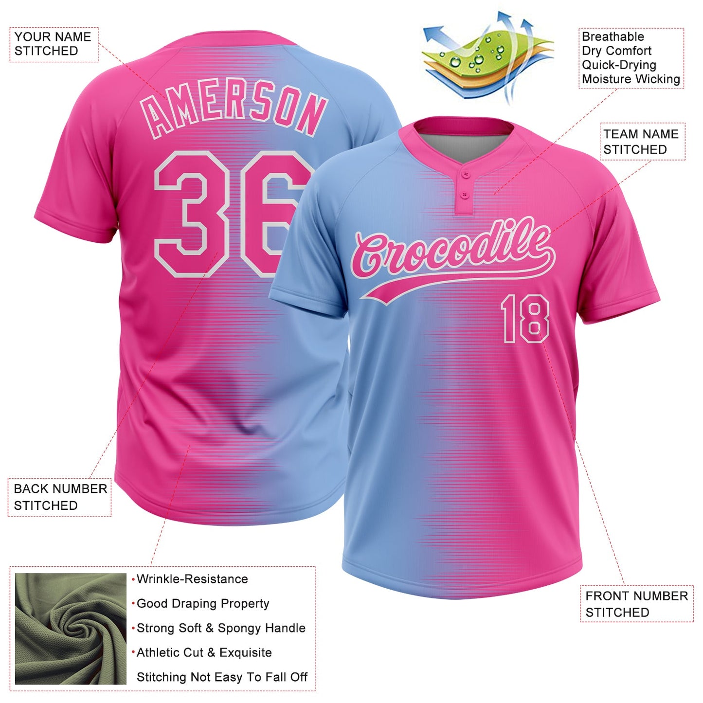 Custom Pink Light Blue-White Gradient Horizontal Stripe Two-Button Unisex Softball Jersey view 3