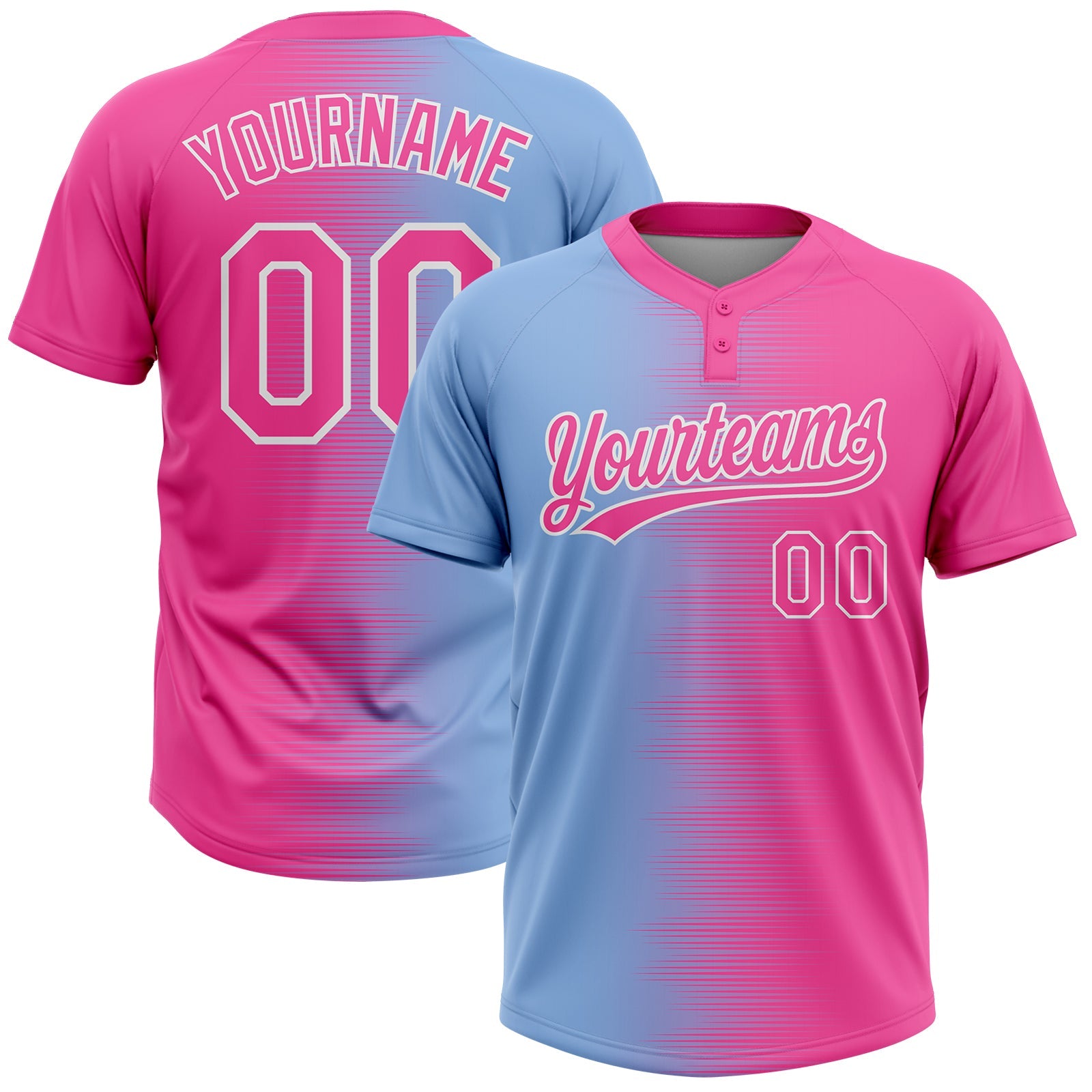 Custom Pink Light Blue-White Gradient Horizontal Stripe Two-Button Unisex Softball Jersey - Main View