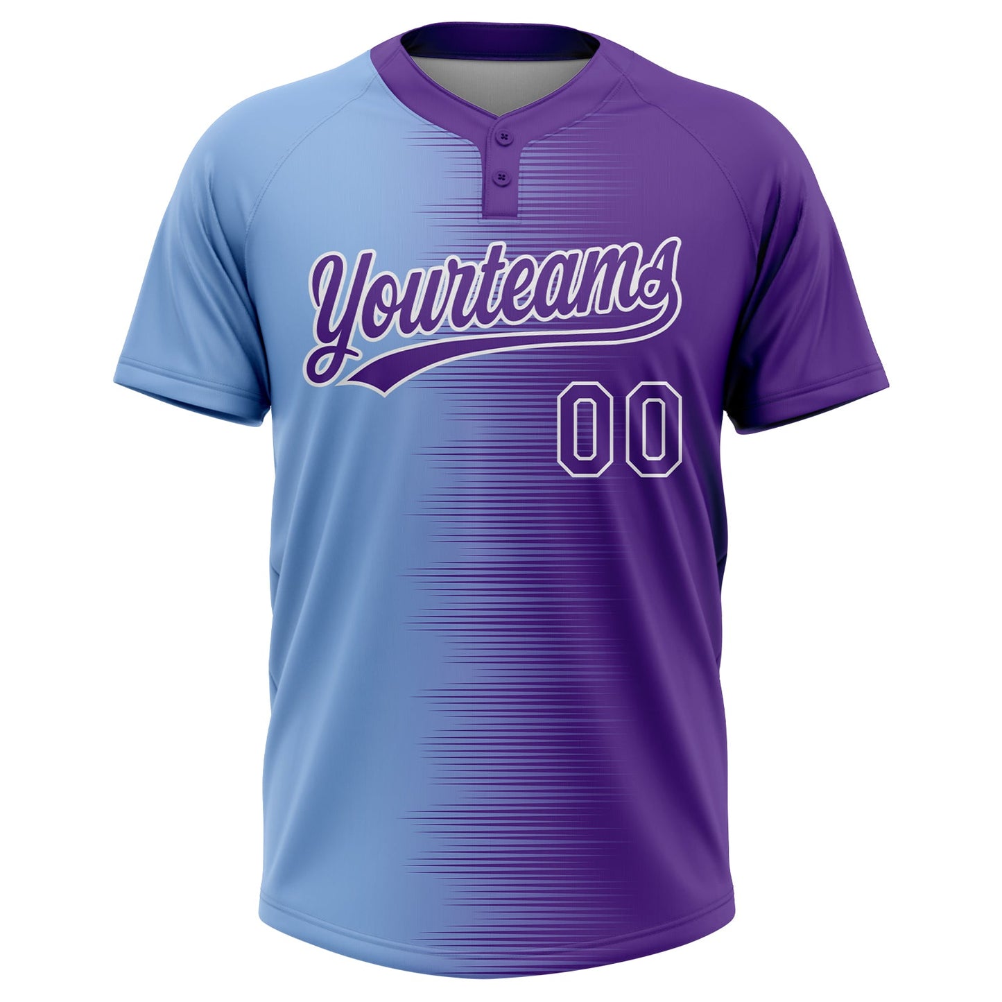 Custom Purple Light Blue-White Gradient Horizontal Stripe Two-Button Unisex Softball Jersey view 2