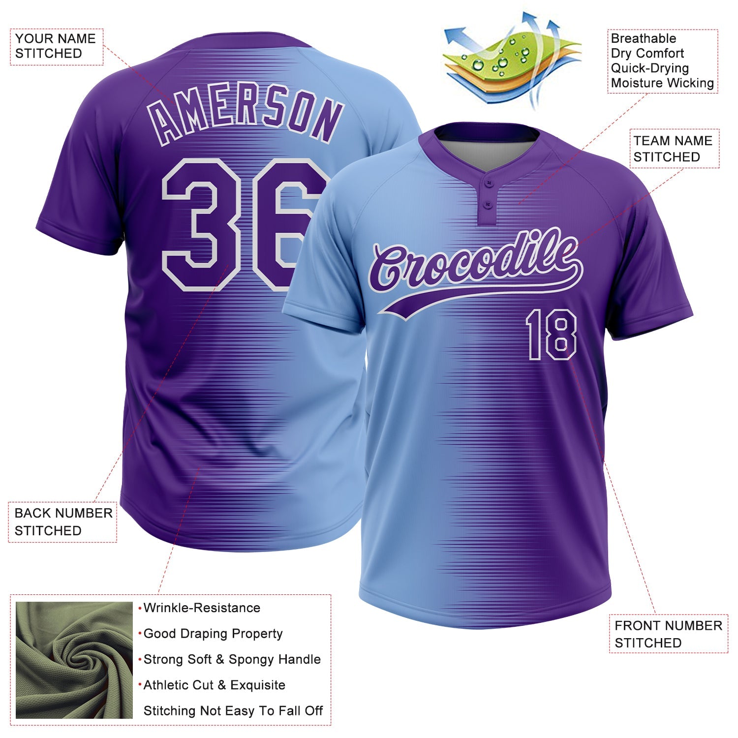 Custom Purple Light Blue-White Gradient Horizontal Stripe Two-Button Unisex Softball Jersey view 3
