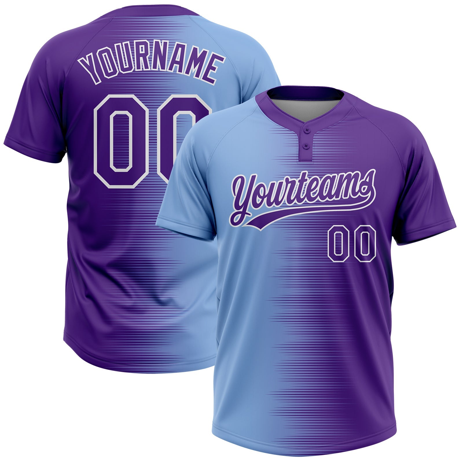 Custom Purple Light Blue-White Gradient Horizontal Stripe Two-Button Unisex Softball Jersey - Main View