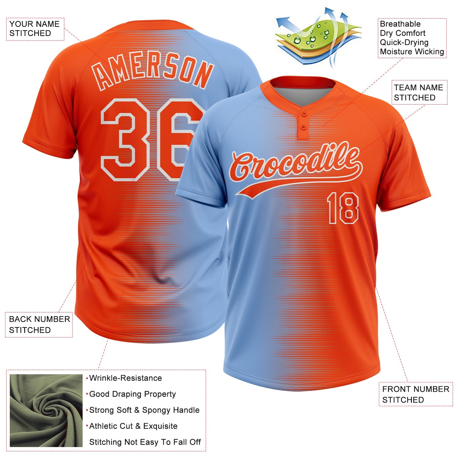 Custom Orange Light Blue-White Gradient Horizontal Stripe Two-Button Unisex Softball Jersey view 3