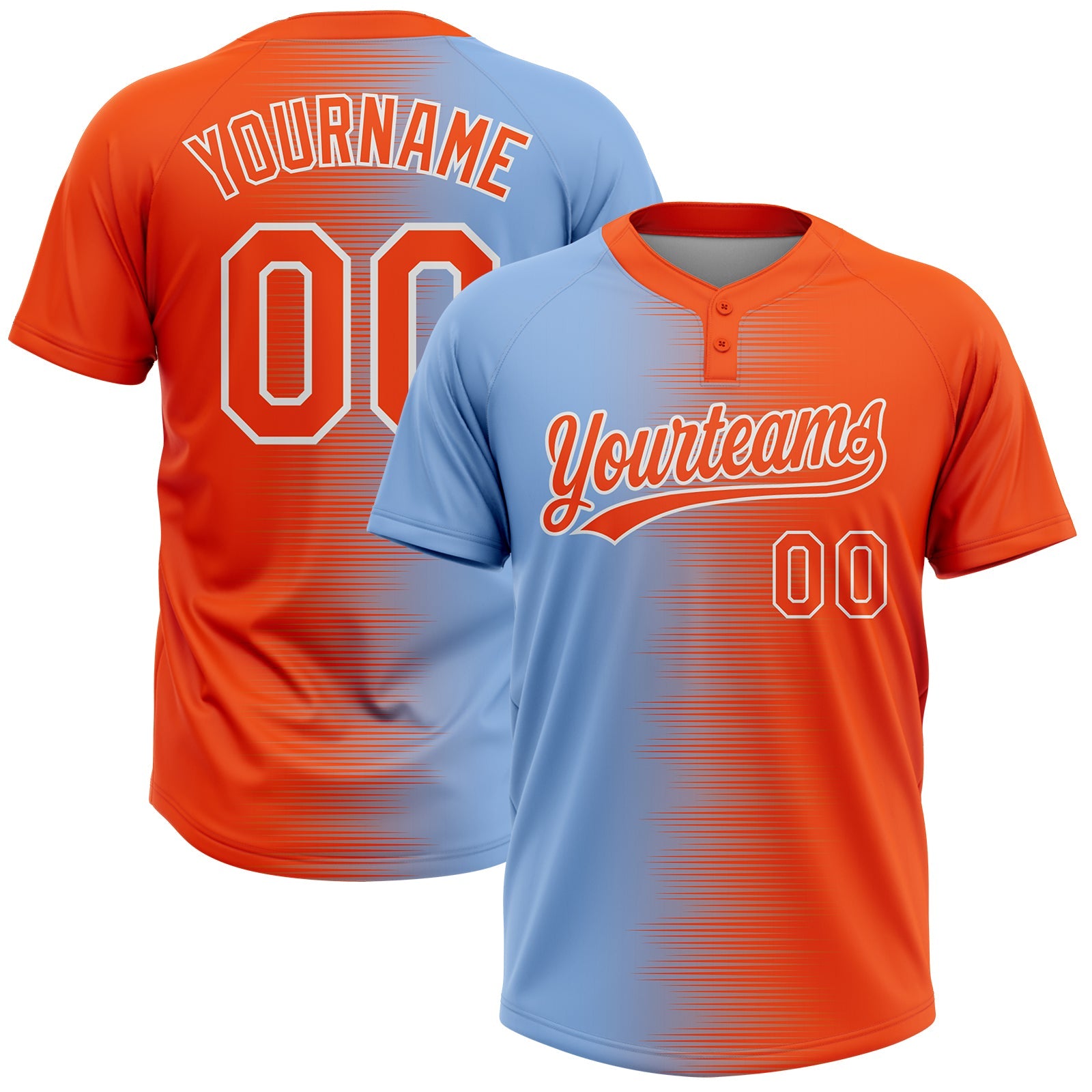 Custom Orange Light Blue-White Gradient Horizontal Stripe Two-Button Unisex Softball Jersey - Main View