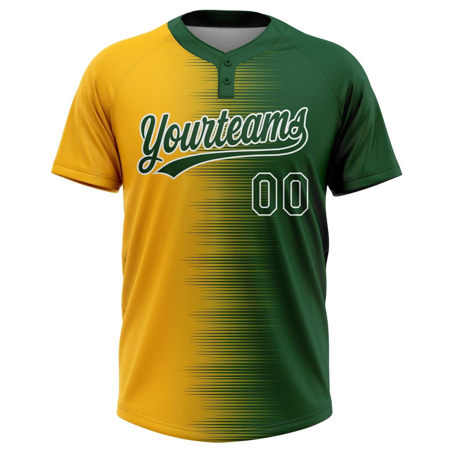 Custom Green Gold-White Gradient Horizontal Stripe Two-Button Unisex Softball Jersey view 2