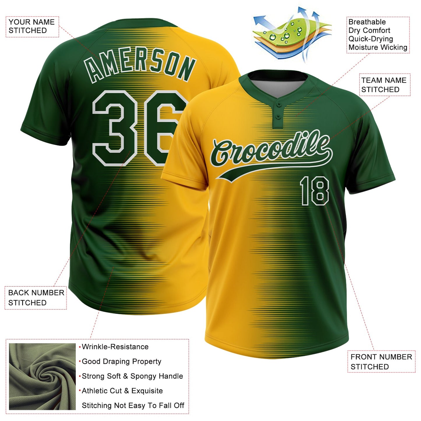 Custom Green Gold-White Gradient Horizontal Stripe Two-Button Unisex Softball Jersey view 3
