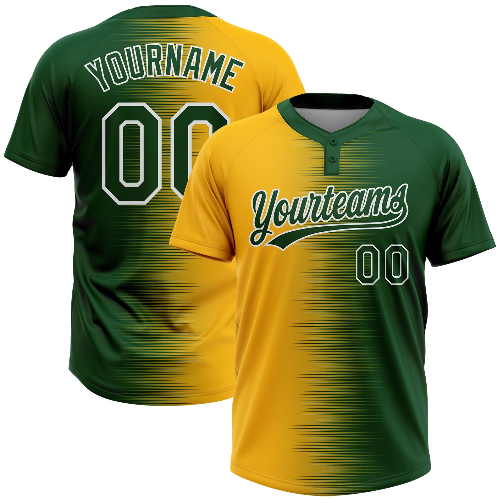 Custom Green Gold-White Gradient Horizontal Stripe Two-Button Unisex Softball Jersey - Main View