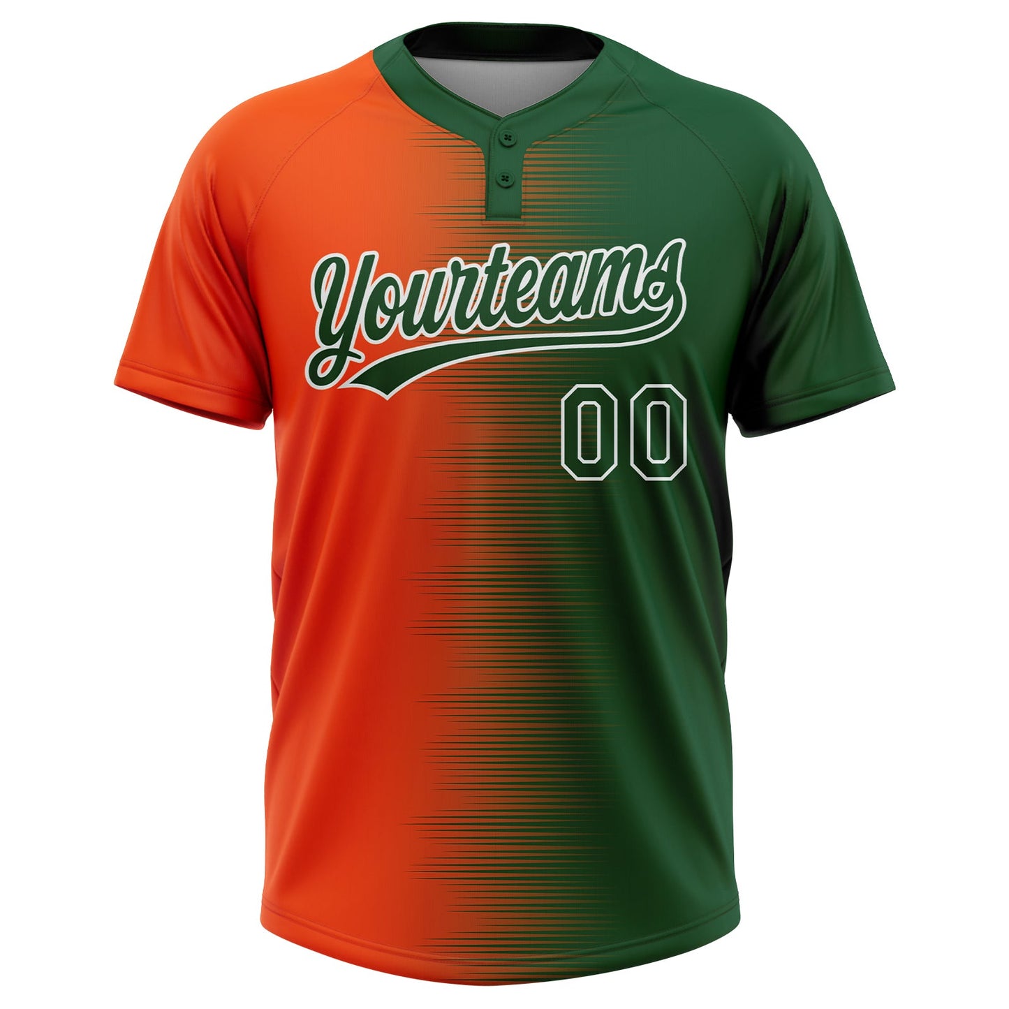 Custom Green Orange-White Gradient Horizontal Stripe Two-Button Unisex Softball Jersey view 2