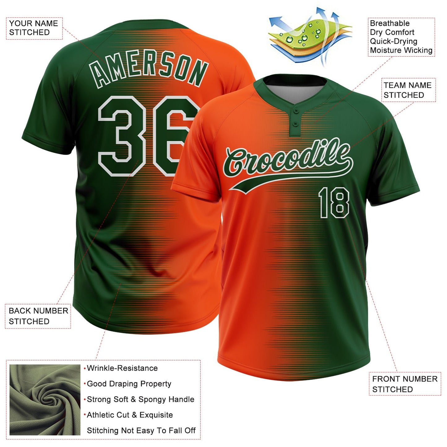 Custom Green Orange-White Gradient Horizontal Stripe Two-Button Unisex Softball Jersey view 3