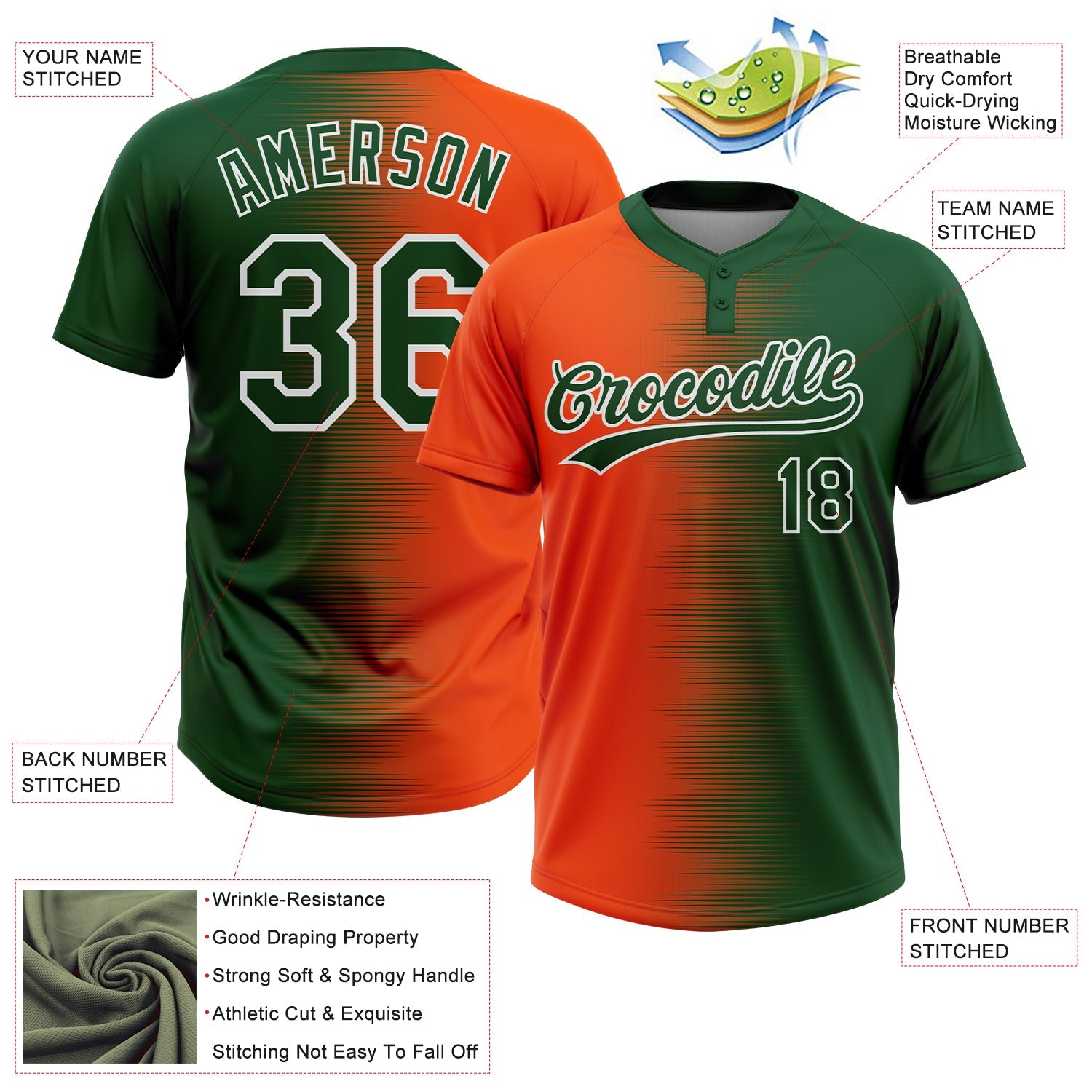 Custom Green Orange-White Gradient Horizontal Stripe Two-Button Unisex Softball Jersey view 3