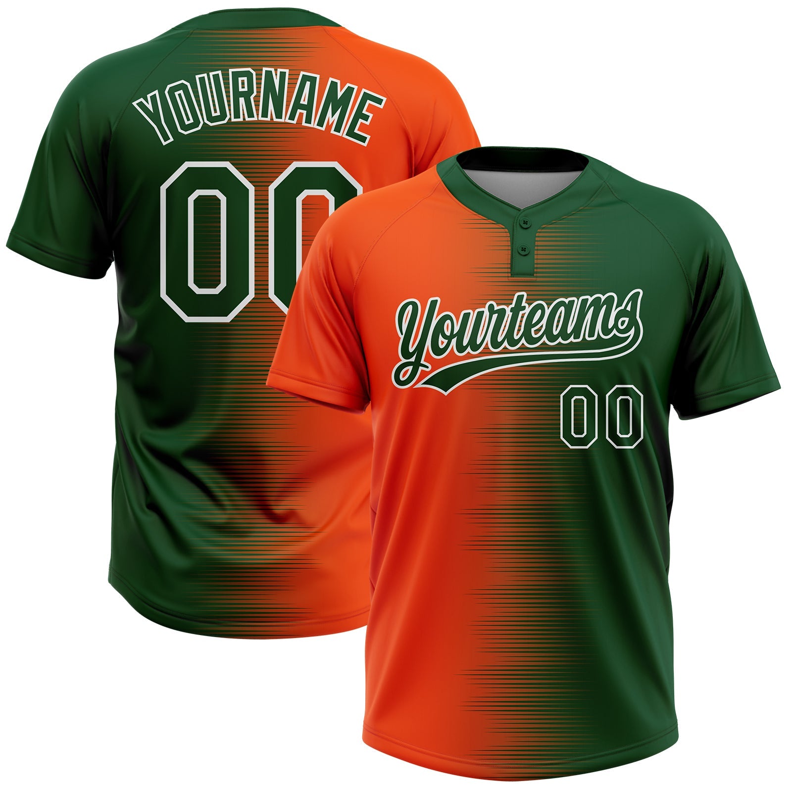 Custom Green Orange-White Gradient Horizontal Stripe Two-Button Unisex Softball Jersey - Main View