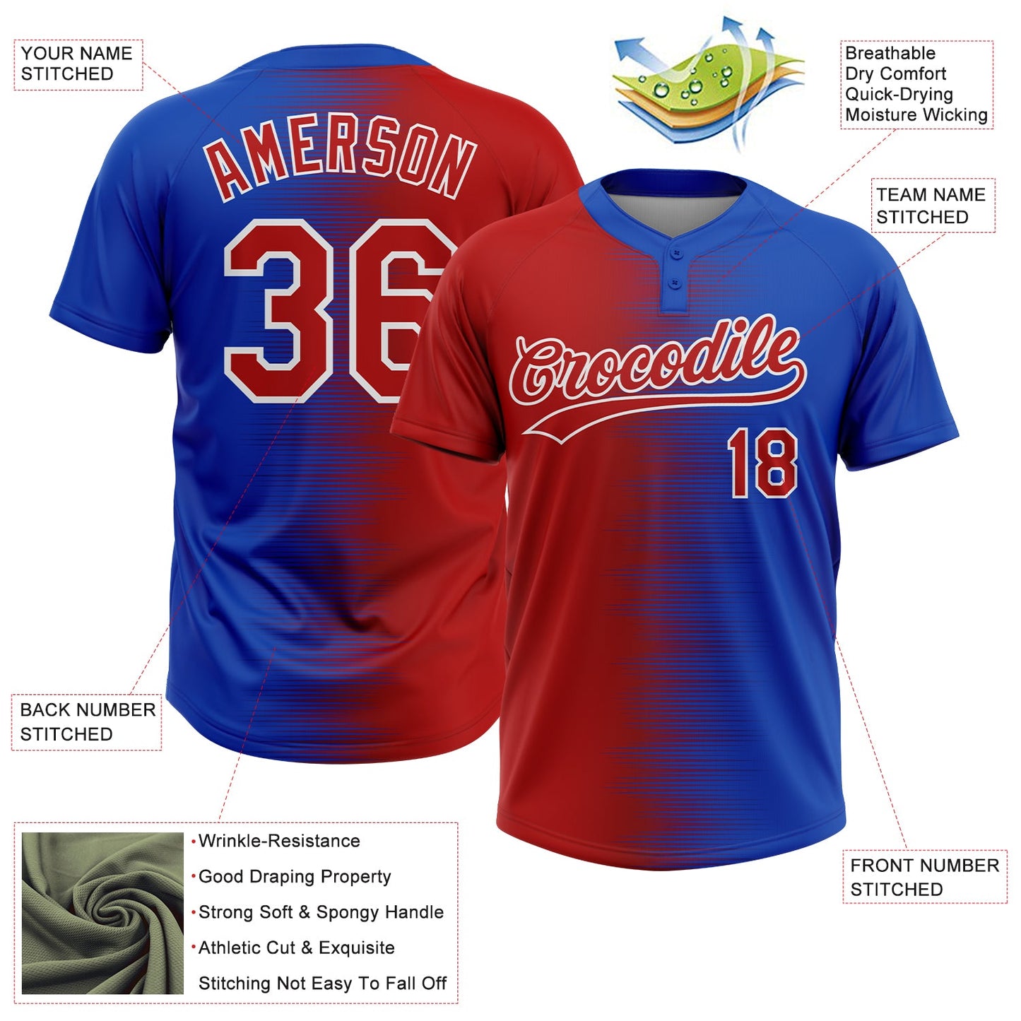 Custom Red Thunder Blue-White Gradient Horizontal Stripe Two-Button Unisex Softball Jersey view 3