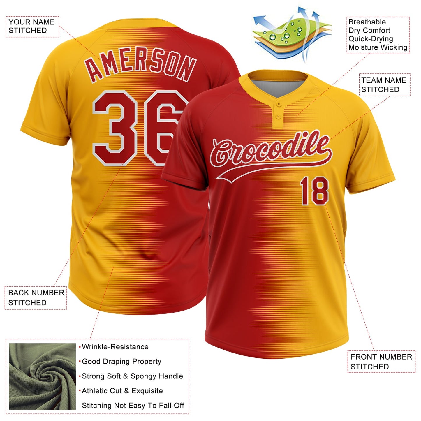 Custom Gold Red-White Gradient Horizontal Stripe Two-Button Unisex Softball Jersey view 3