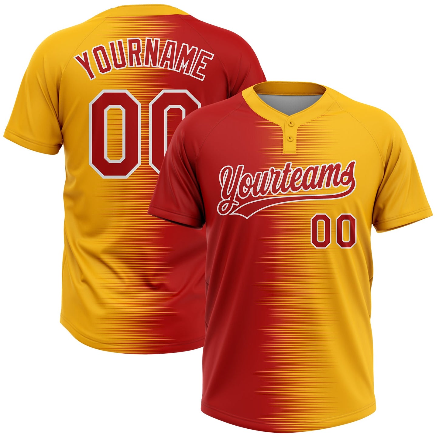 Custom Gold Red-White Gradient Horizontal Stripe Two-Button Unisex Softball Jersey - Main View