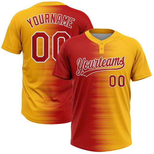 Custom Gold Red-White Gradient Horizontal Stripe Two-Button Unisex Softball Jersey - Main View