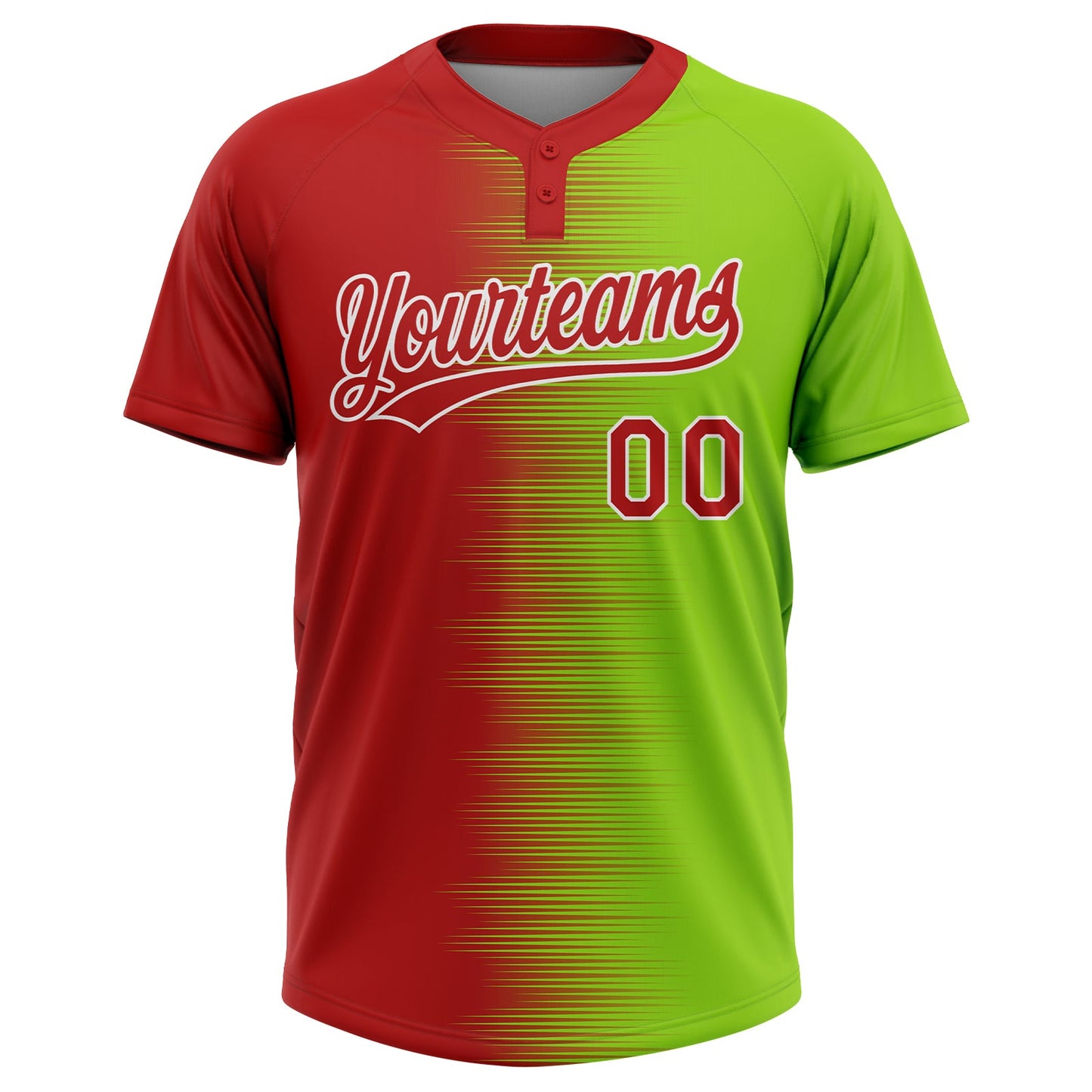 Custom Neon Green Red-White Gradient Horizontal Stripe Two-Button Unisex Softball Jersey view 2