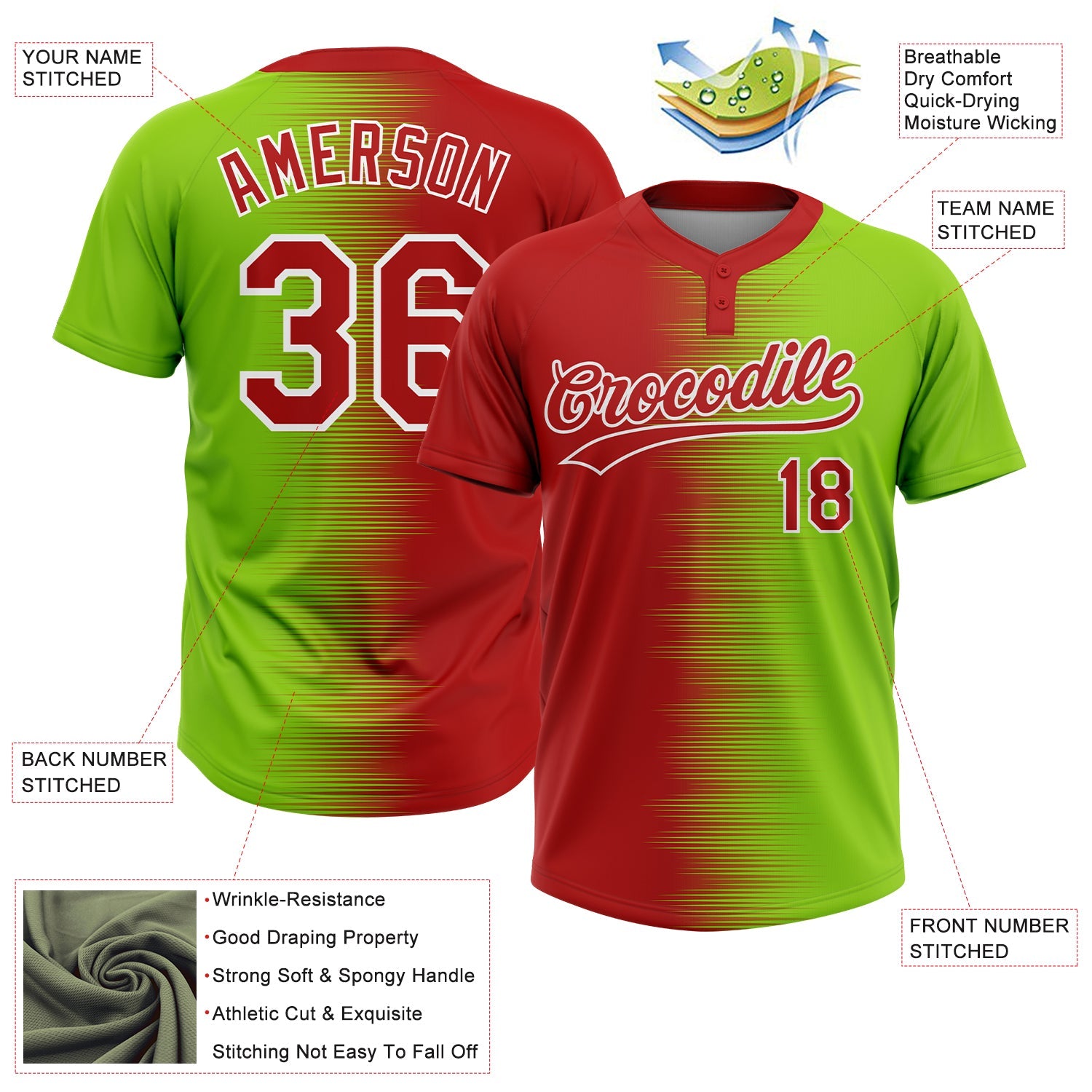 Custom Neon Green Red-White Gradient Horizontal Stripe Two-Button Unisex Softball Jersey view 3