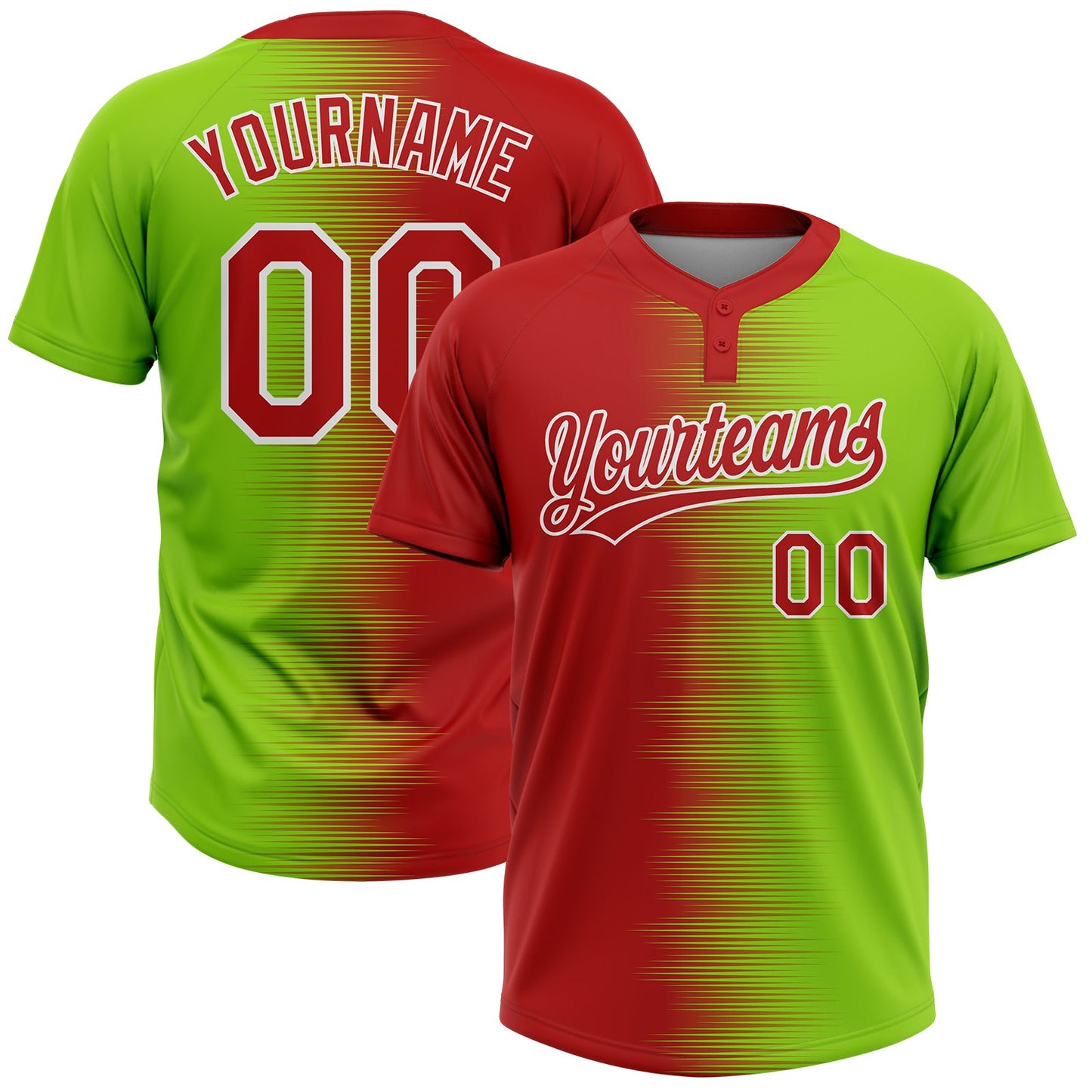 Custom Neon Green Red-White Gradient Horizontal Stripe Two-Button Unisex Softball Jersey - Main View