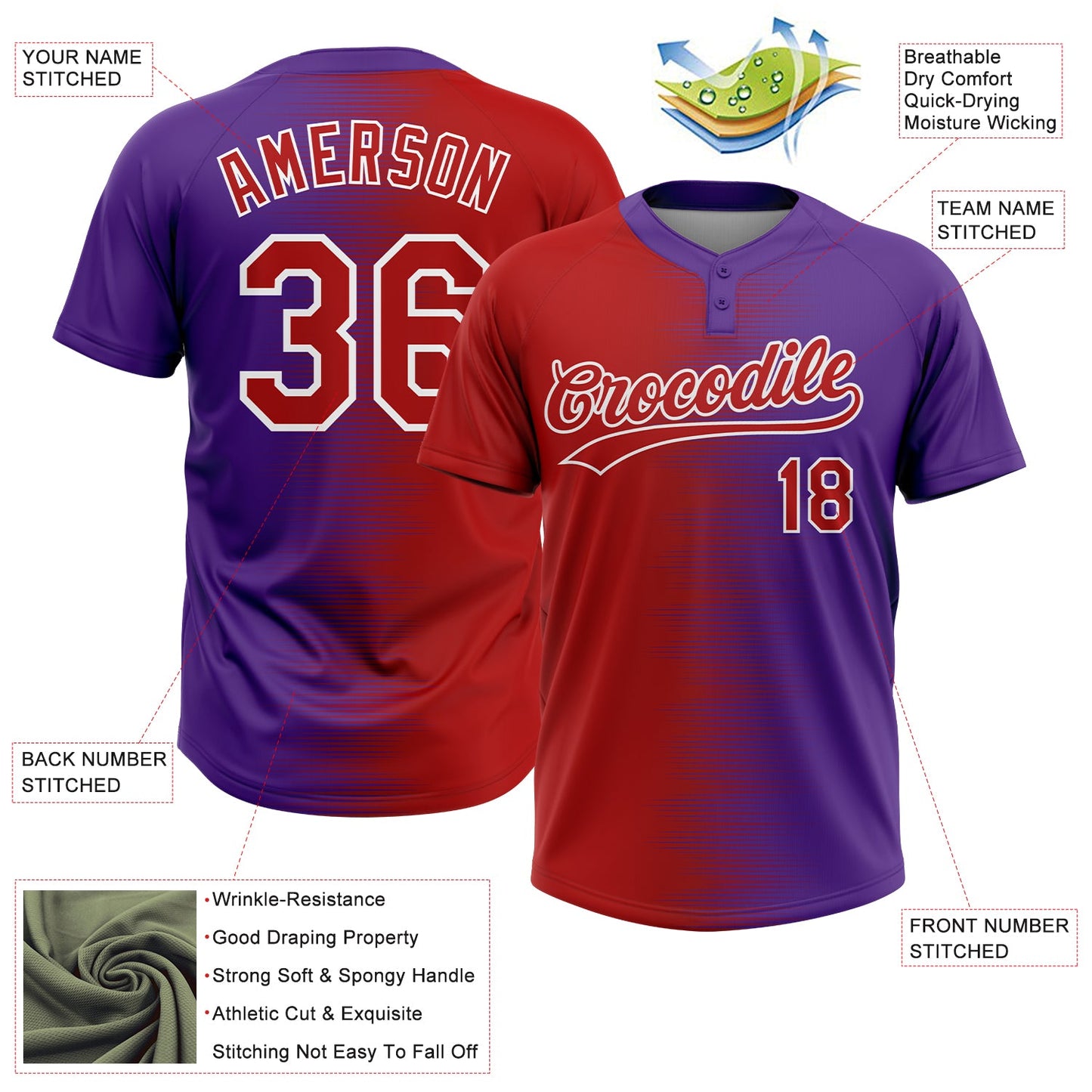 Custom Red Purple-White Gradient Horizontal Stripe Two-Button Unisex Softball Jersey view 3