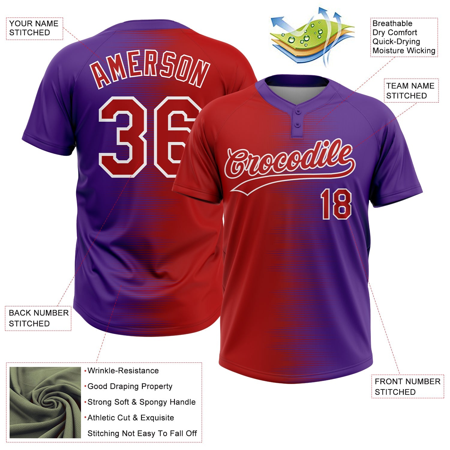 Custom Red Purple-White Gradient Horizontal Stripe Two-Button Unisex Softball Jersey view 3