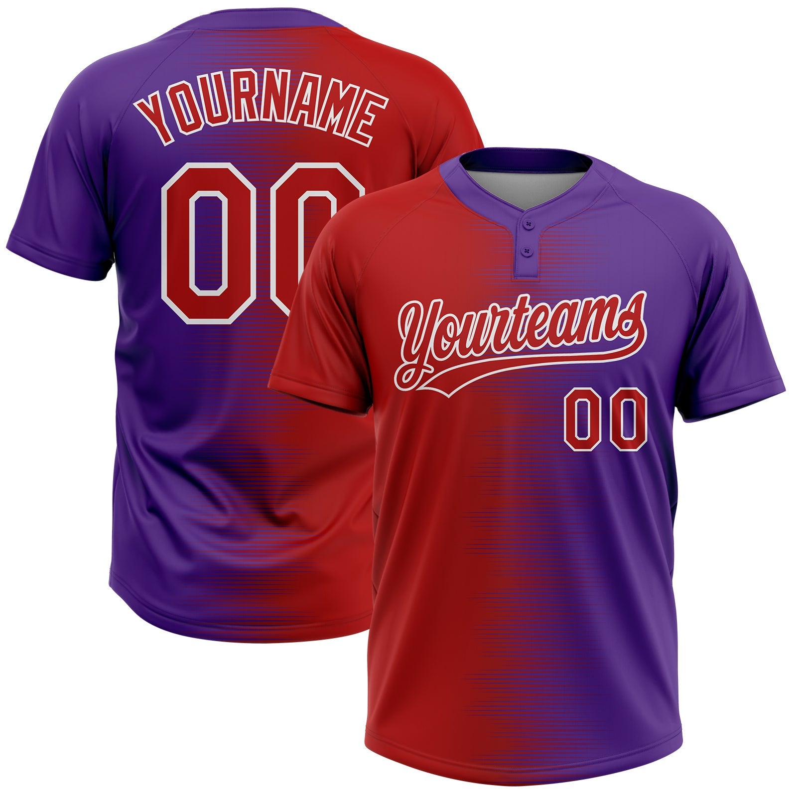 Custom Red Purple-White Gradient Horizontal Stripe Two-Button Unisex Softball Jersey - Main View