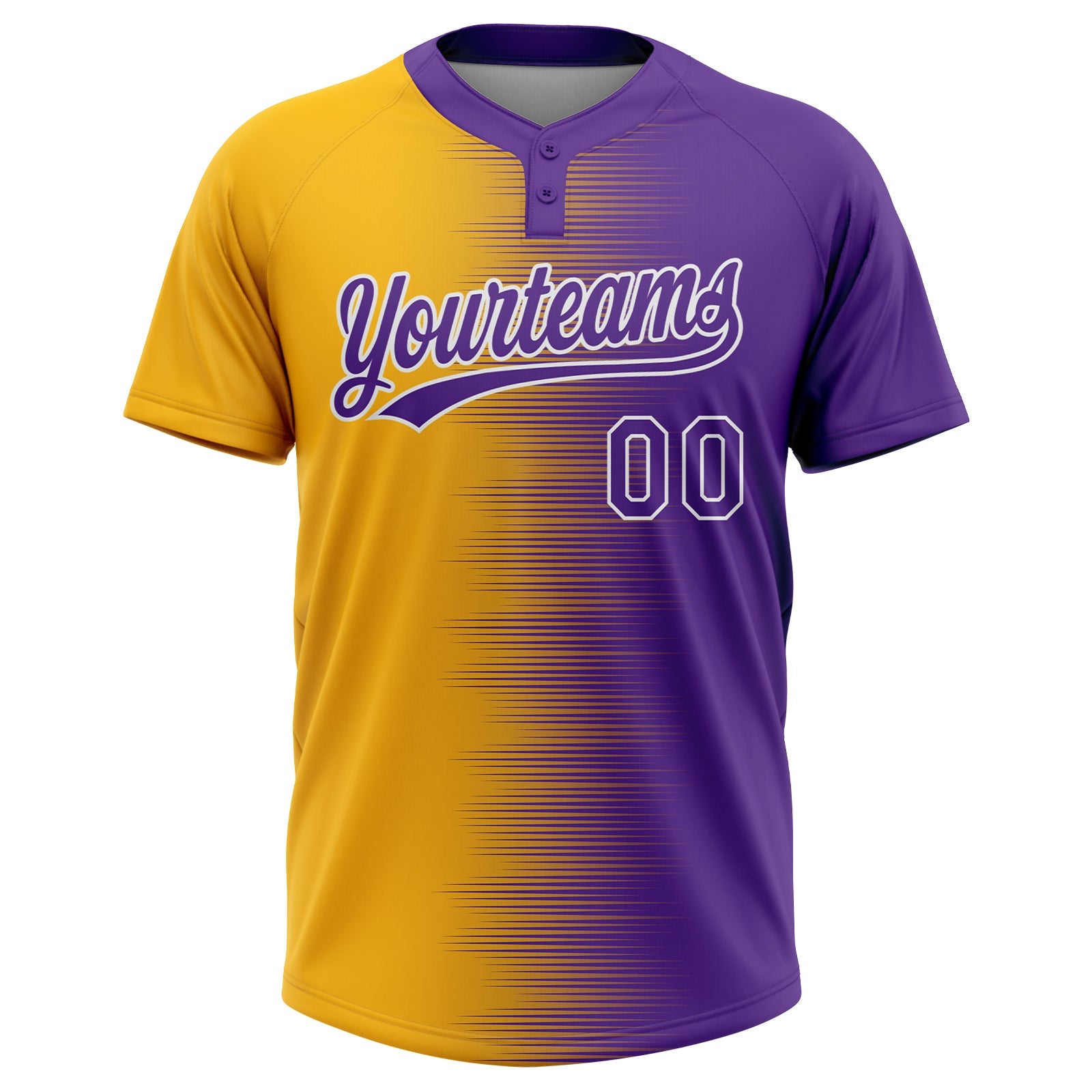 Custom Gold Purple-White Gradient Horizontal Stripe Two-Button Unisex Softball Jersey view 2