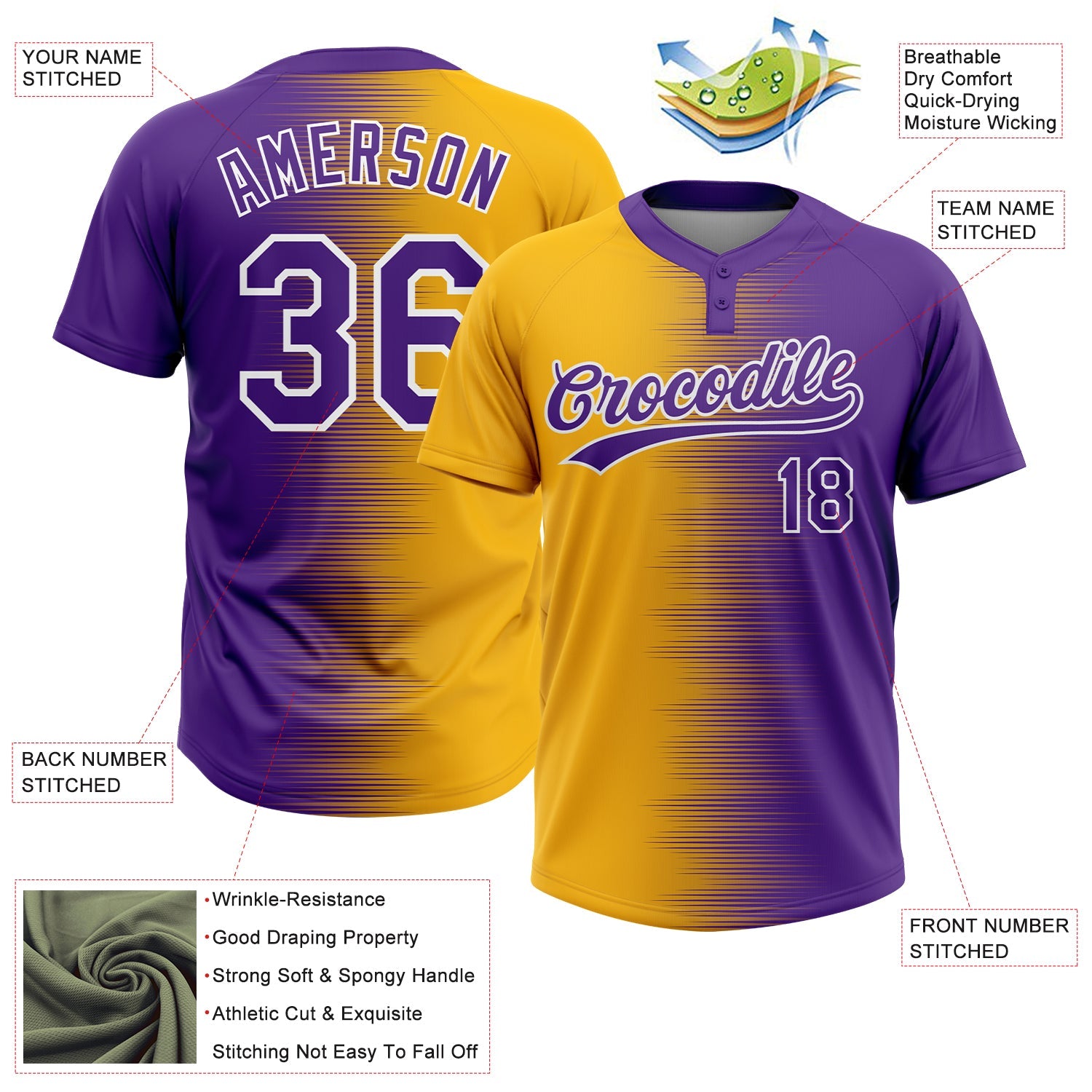 Custom Gold Purple-White Gradient Horizontal Stripe Two-Button Unisex Softball Jersey view 3