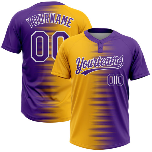Custom Gold Purple-White Gradient Horizontal Stripe Two-Button Unisex Softball Jersey - Main View