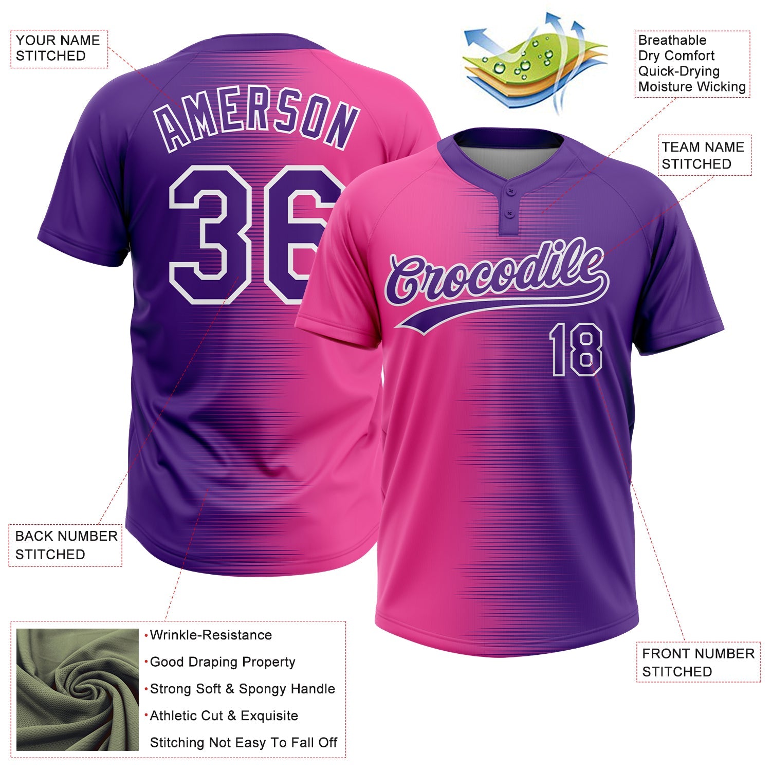 Custom Pink Purple-White Gradient Horizontal Stripe Two-Button Unisex Softball Jersey view 3