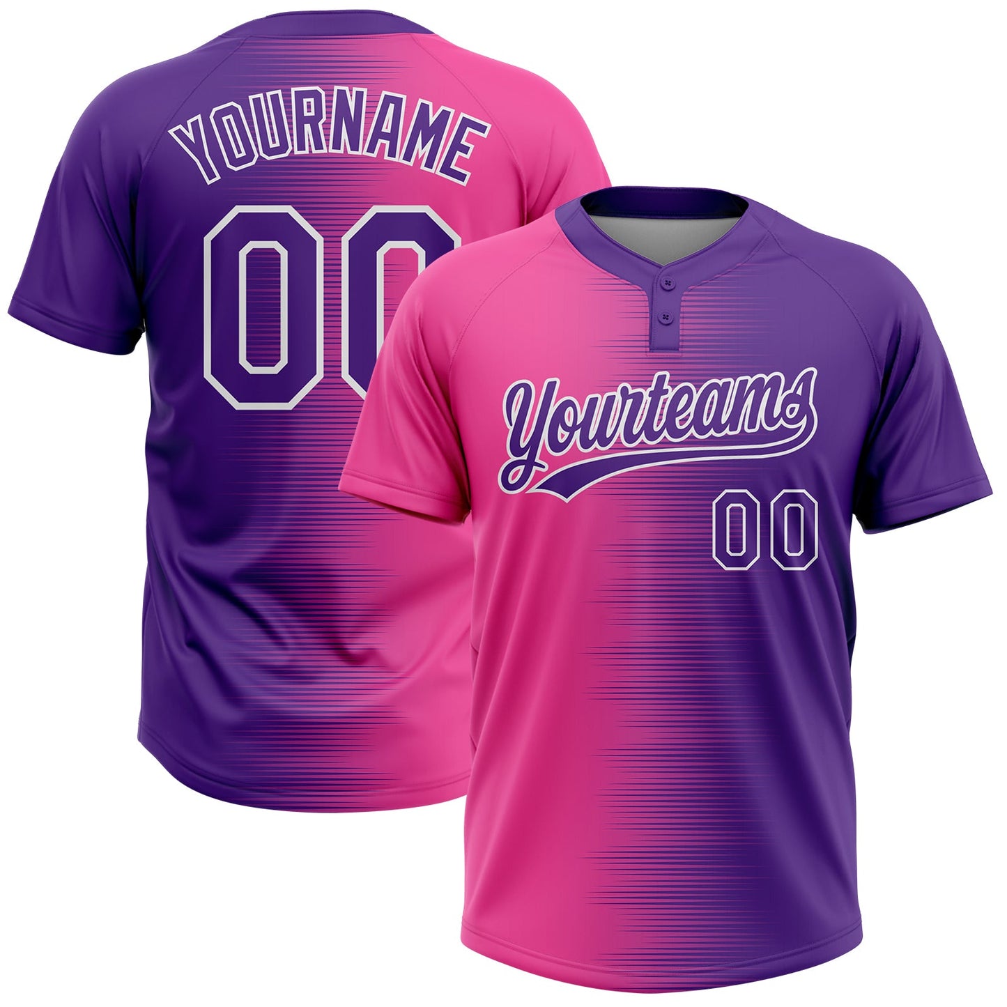 Custom Pink Purple-White Gradient Horizontal Stripe Two-Button Unisex Softball Jersey - Main View