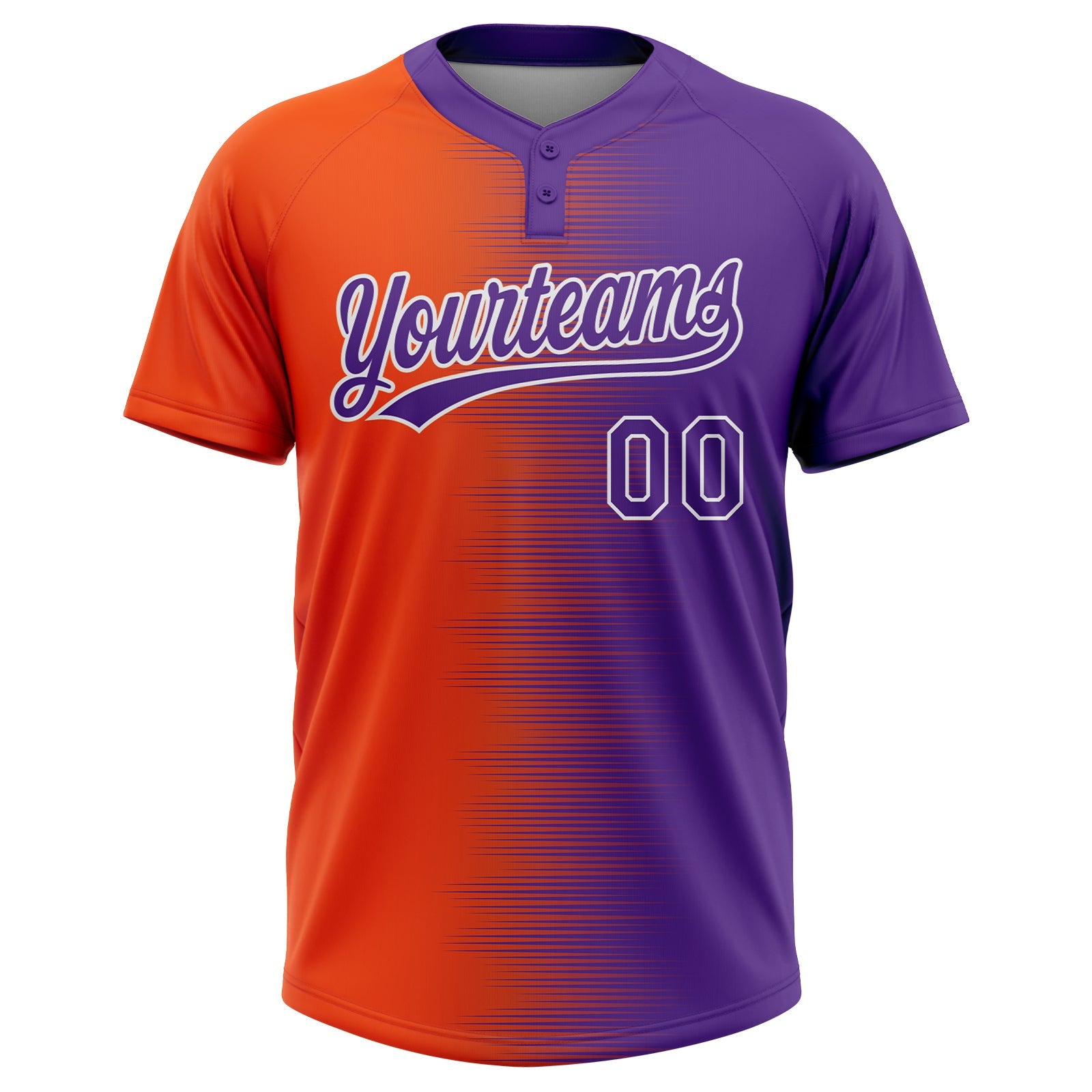Custom Orange Purple-White Gradient Horizontal Stripe Two-Button Unisex Softball Jersey view 2