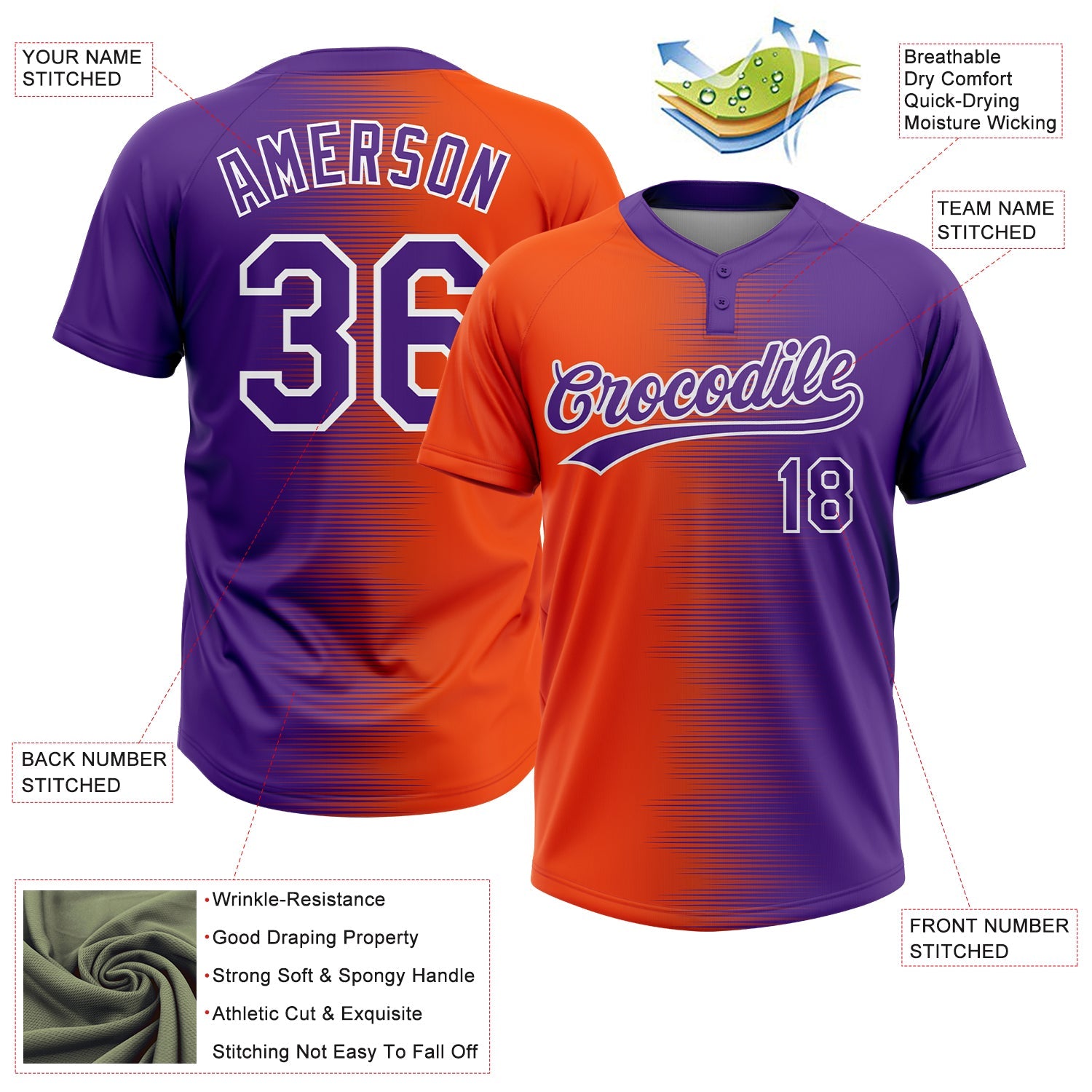 Custom Orange Purple-White Gradient Horizontal Stripe Two-Button Unisex Softball Jersey view 3