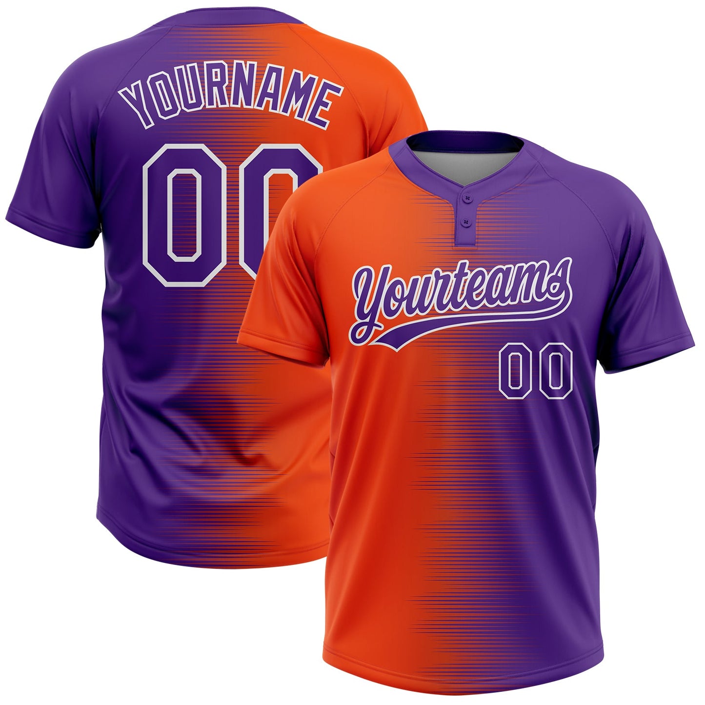 Custom Orange Purple-White Gradient Horizontal Stripe Two-Button Unisex Softball Jersey - Main View