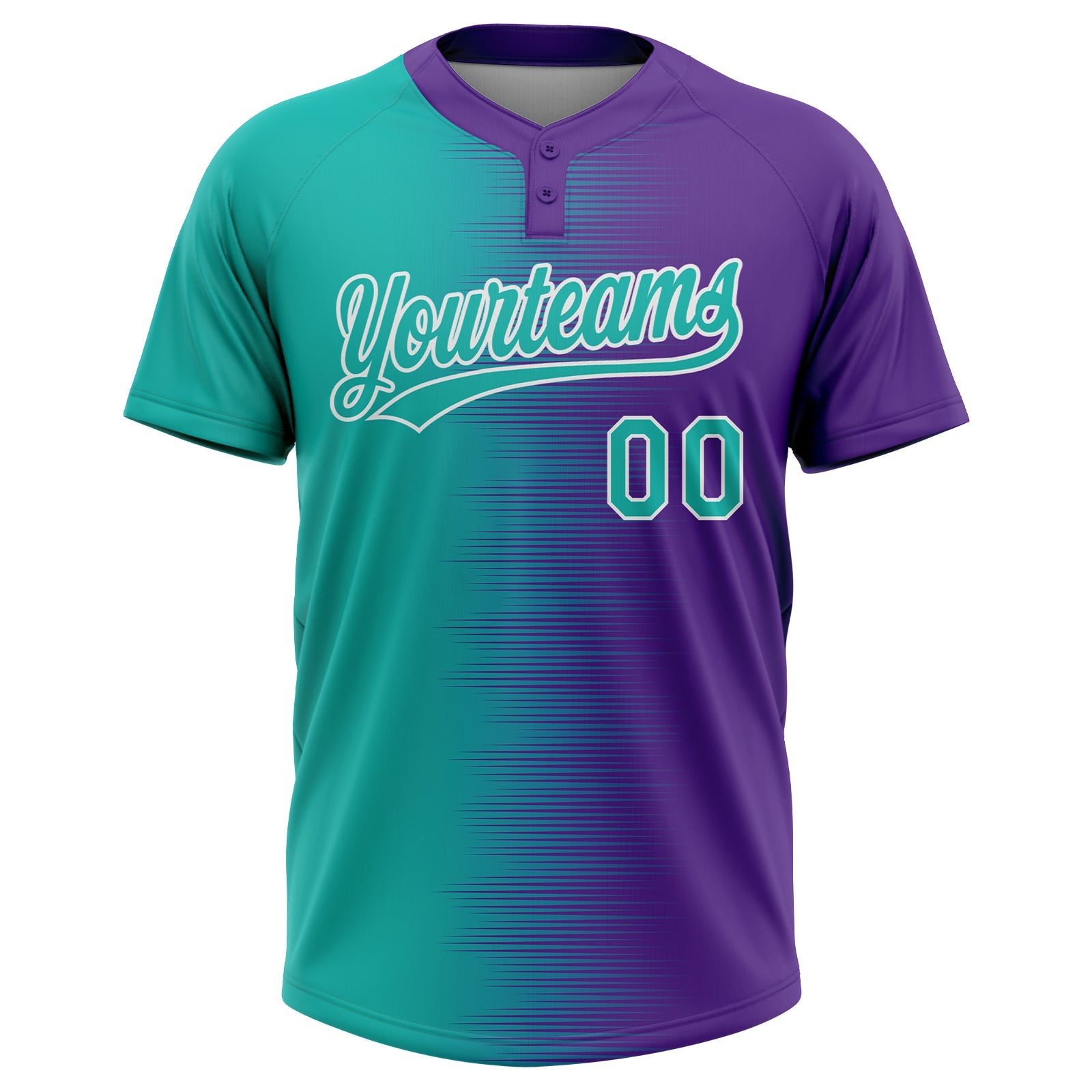 Custom Aqua Purple-White Gradient Horizontal Stripe Two-Button Unisex Softball Jersey view 2