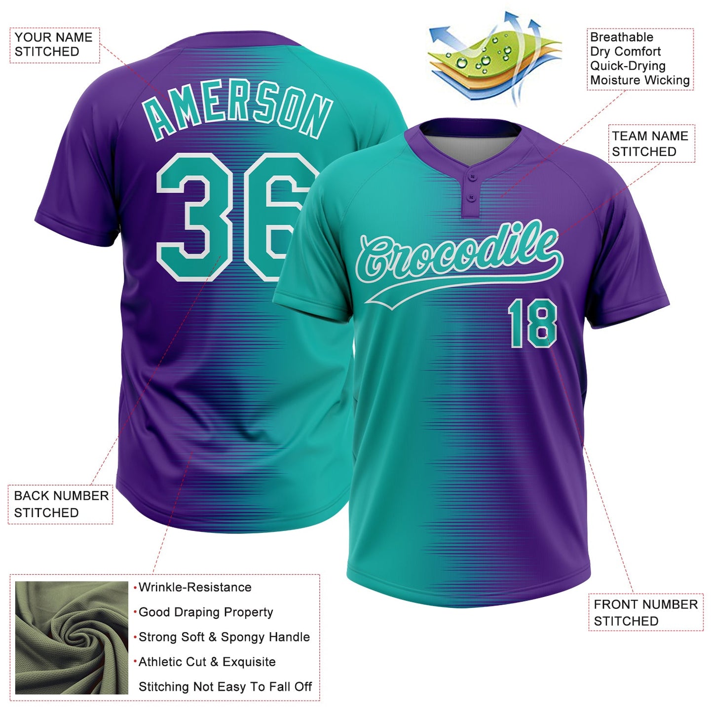 Custom Aqua Purple-White Gradient Horizontal Stripe Two-Button Unisex Softball Jersey view 3