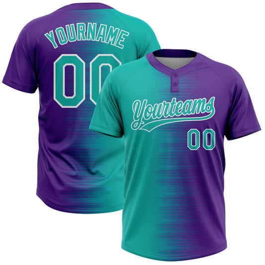 Custom Aqua Purple-White Gradient Horizontal Stripe Two-Button Unisex Softball Jersey - Main View