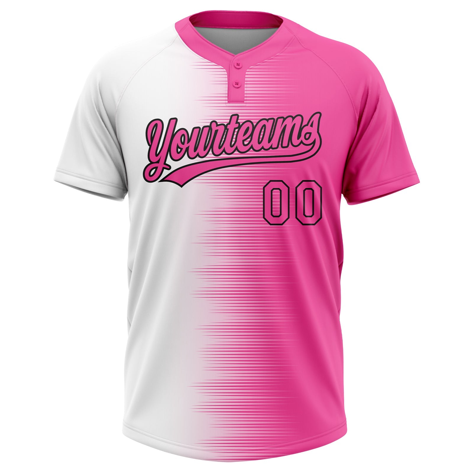 Custom Pink White-Black Gradient Horizontal Stripe Two-Button Unisex Softball Jersey view 2