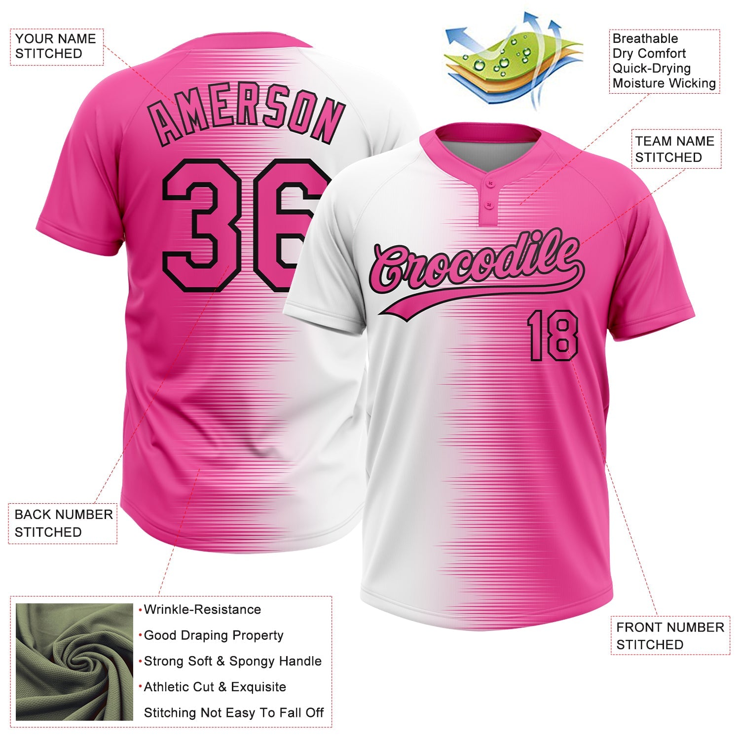 Custom Pink White-Black Gradient Horizontal Stripe Two-Button Unisex Softball Jersey view 3