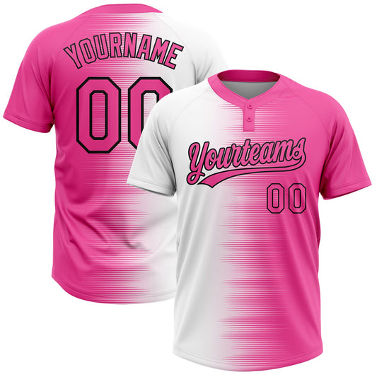 Custom Pink White-Black Gradient Horizontal Stripe Two-Button Unisex Softball Jersey - Main View