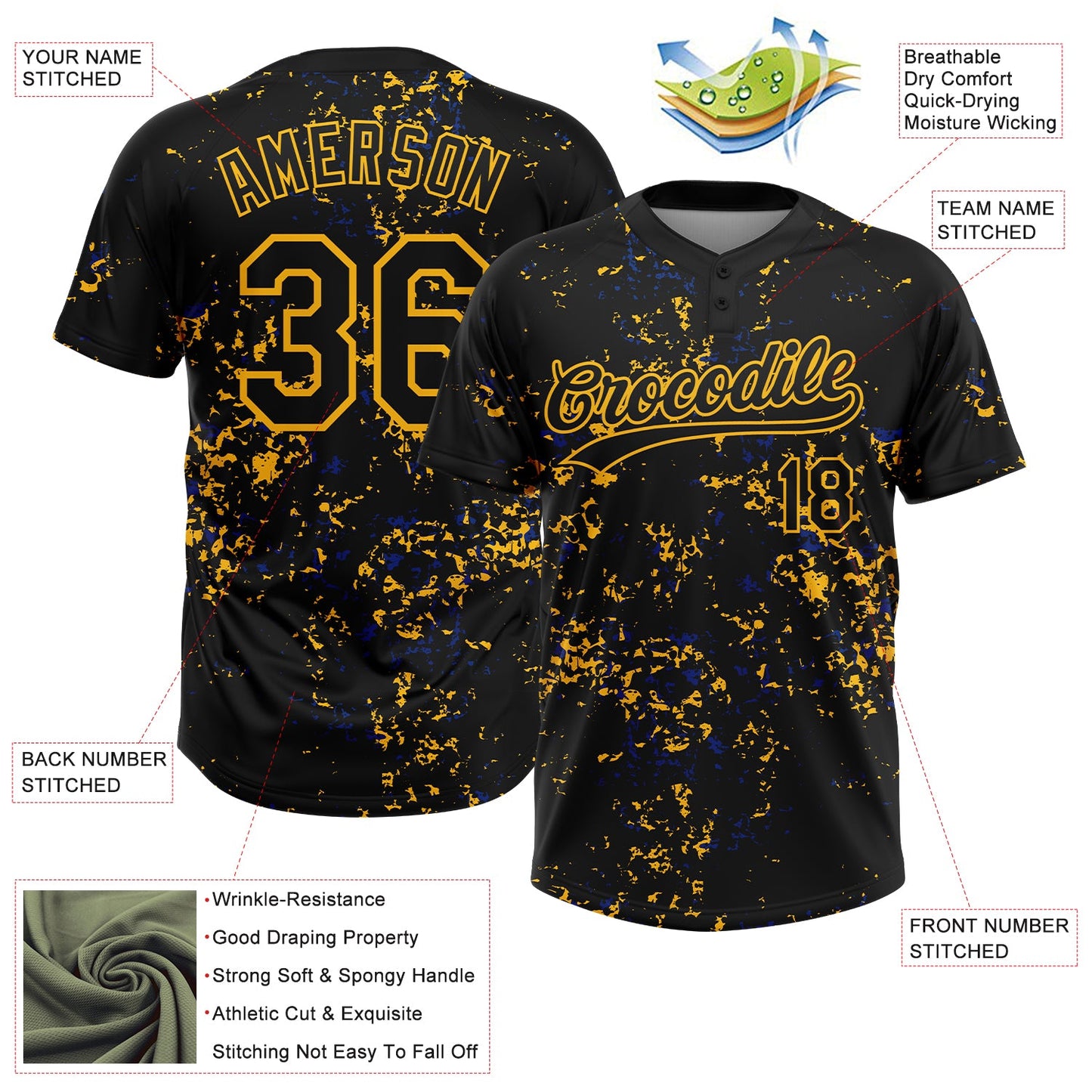 Custom Black Gold-Royal Abstract Shattered Paint Splatter Two-Button Unisex Softball Jersey view 3