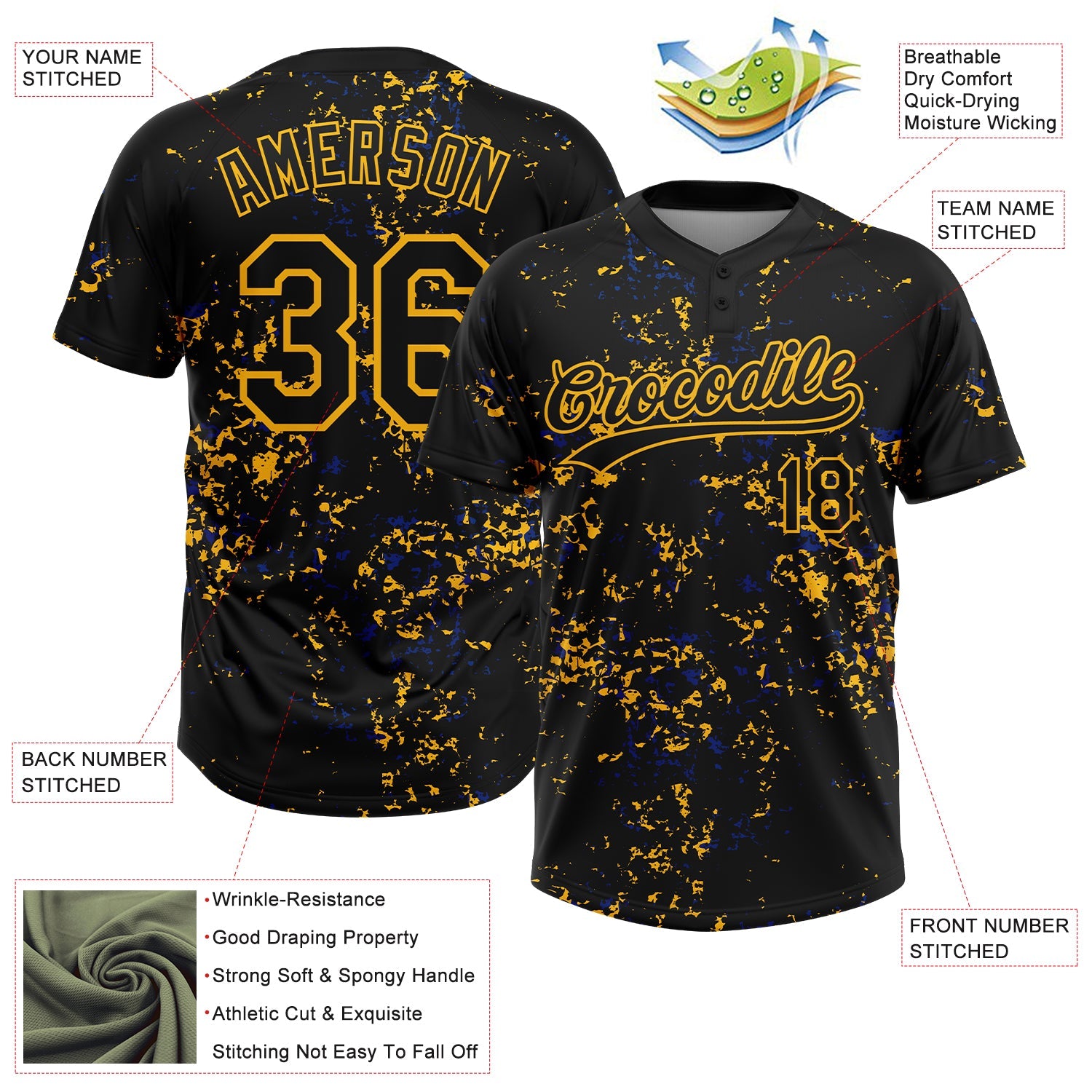 Custom Black Gold-Royal Abstract Shattered Paint Splatter Two-Button Unisex Softball Jersey view 3